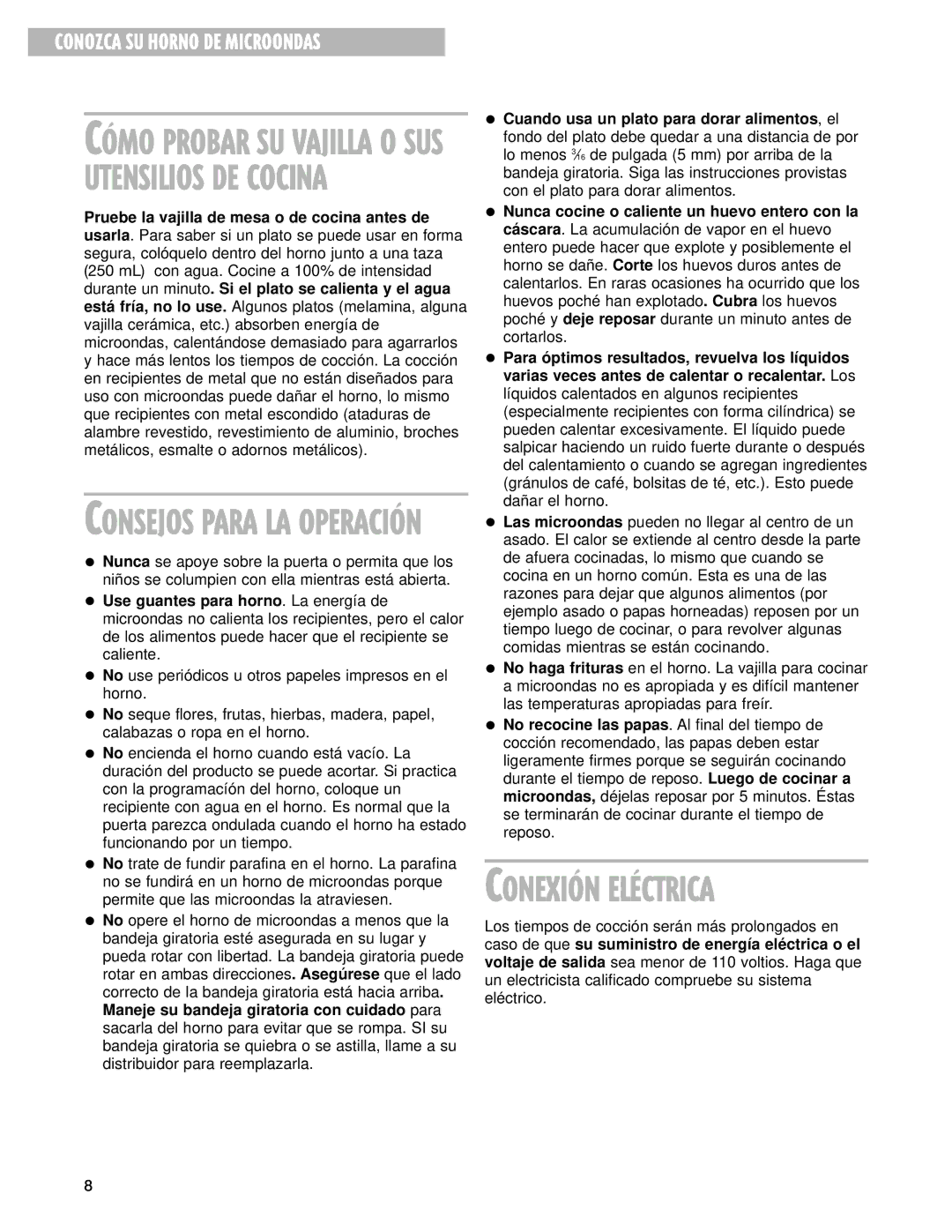 Whirlpool MT3130SH, MT3100SH installation instructions CONEXIîN ELƒCTRICA, CîMO Probar SU Vajilla O SUS Utensilios DE Cocina 