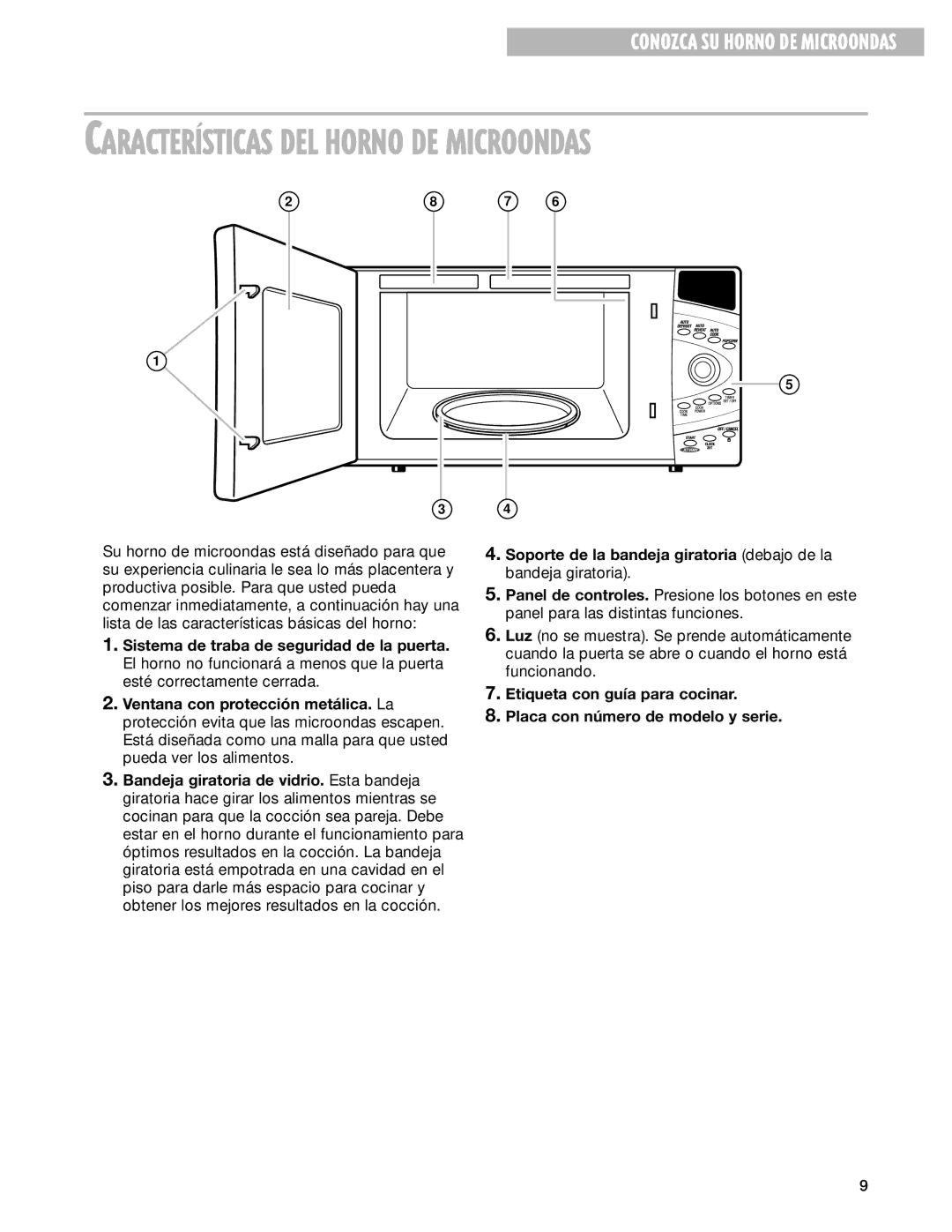 Whirlpool MT3100SH, MT3130SH installation instructions CARACTERêSTICAS DEL Horno DE Microondas 