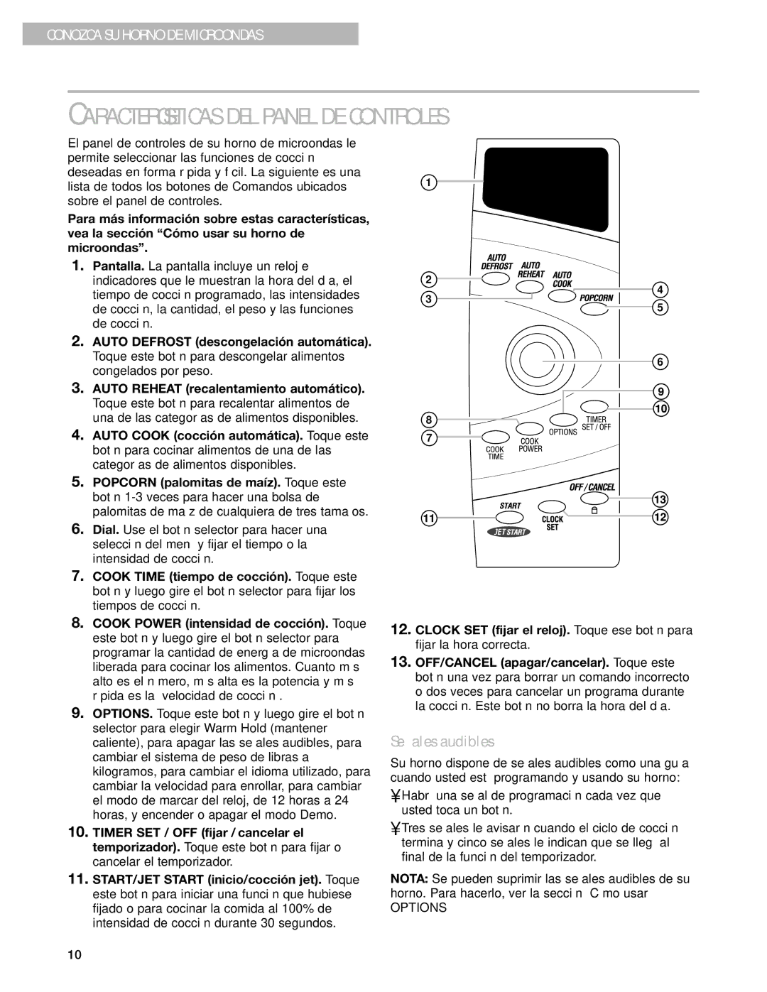 Whirlpool MT3130SH, MT3100SH installation instructions CARACTERêSTICAS DEL Panel DE Controles, Se-ales audibles 