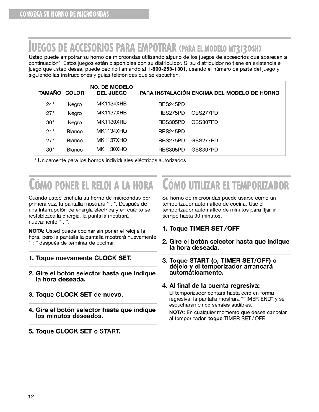 Whirlpool MT3100SH installation instructions Juegos DE Accesorios Para Empotrar Para EL Modelo MT3130SH 