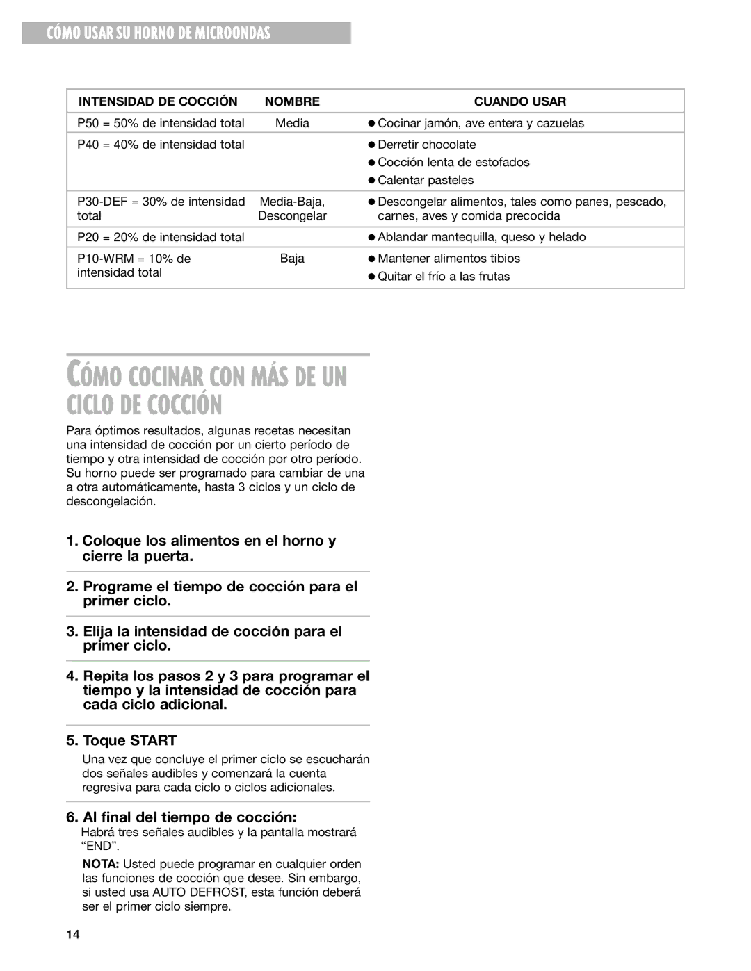 Whirlpool MT3130SH, MT3100SH CîMO Cocinar CON MçS DE UN Ciclo DE COCCIîN, CîMO Usar SU Horno DE Microondas 