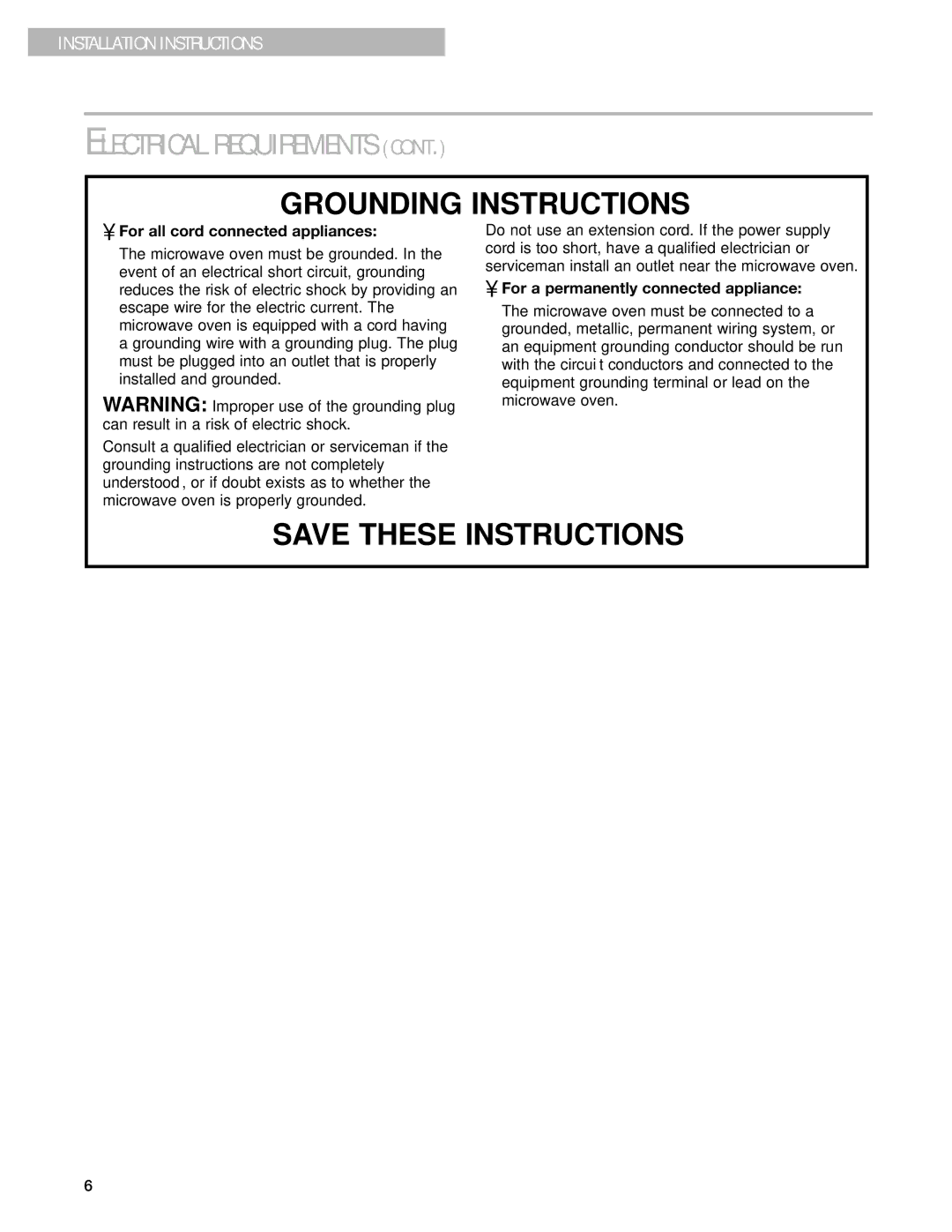 Whirlpool MT3100SH, MT3130SH installation instructions Electrical Requirements, For all cord connected appliances 