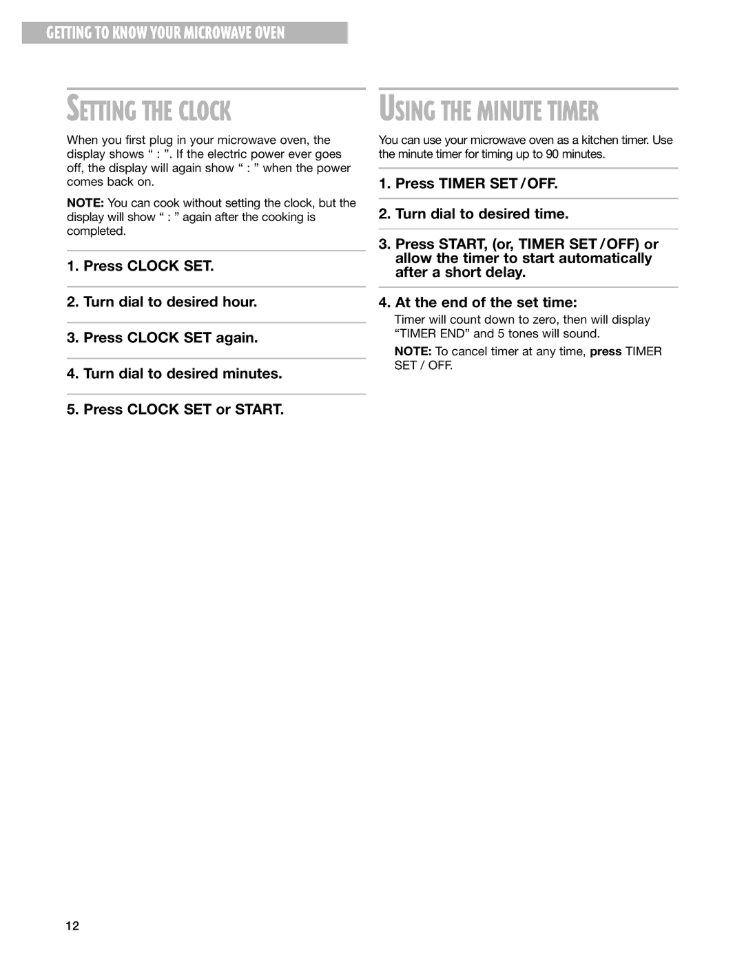 Whirlpool MT3135SH, MT3105SH installation instructions Setting the Clock 