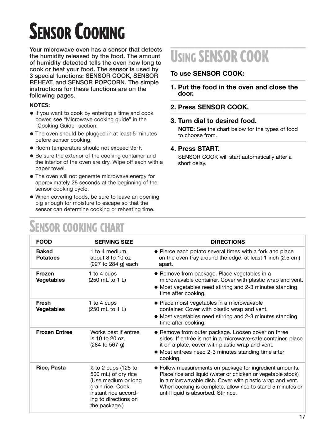 Whirlpool MT3105SH, MT3135SH installation instructions Sensor Cooking Chart, Food Serving Size Directions 