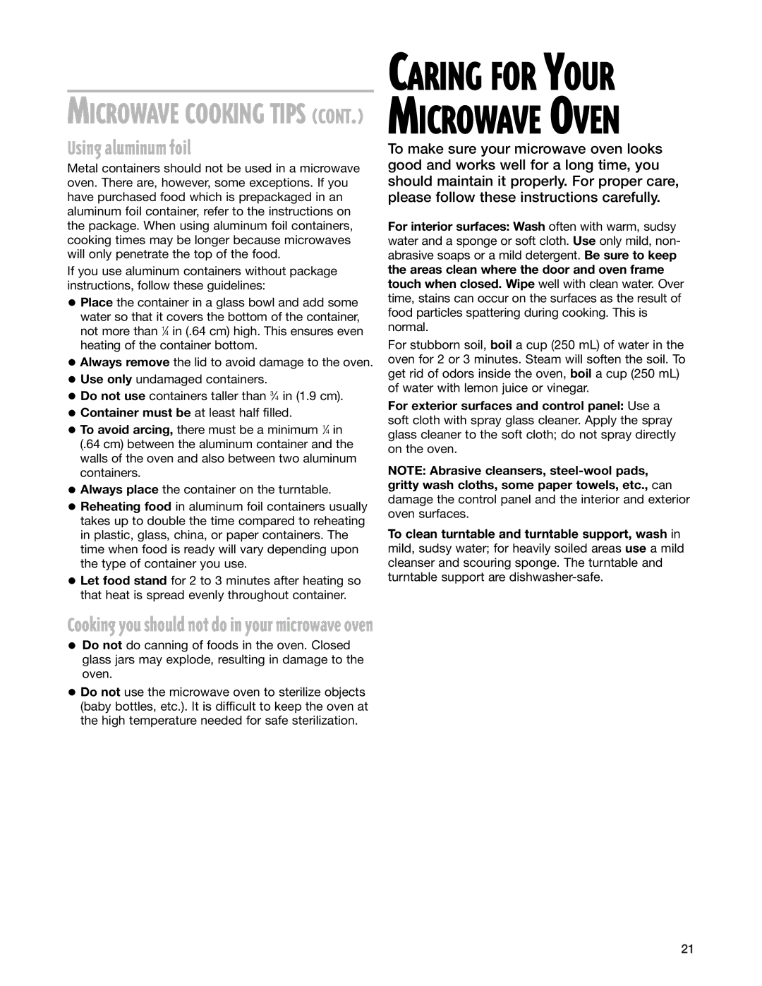 Whirlpool MT3105SH, MT3135SH installation instructions Using aluminum foil, Cooking you should not do in your microwave oven 