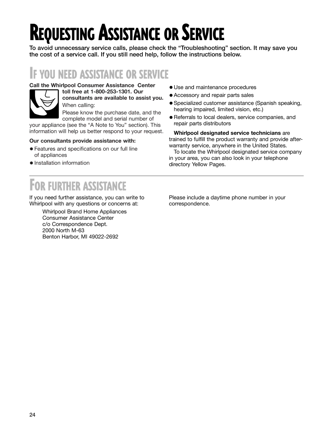 Whirlpool MT3135SH, MT3105SH Requesting Assistance or Service, Our consultants provide assistance with 