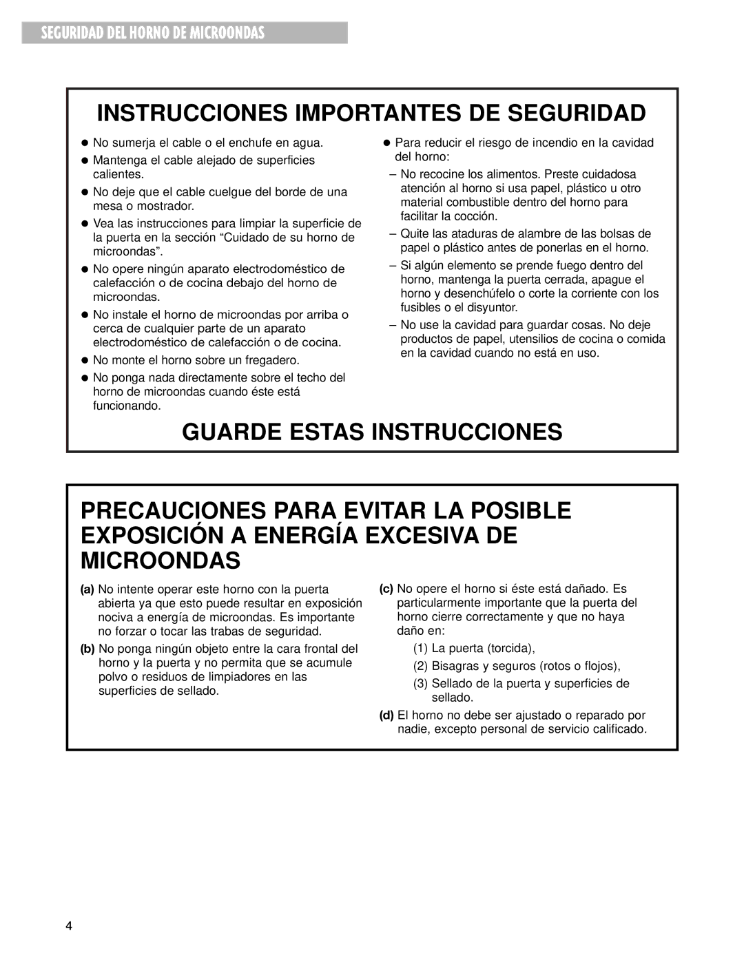 Whirlpool MT3105SH, MT3135SH installation instructions Seguridad DEL Horno DE Microondas 