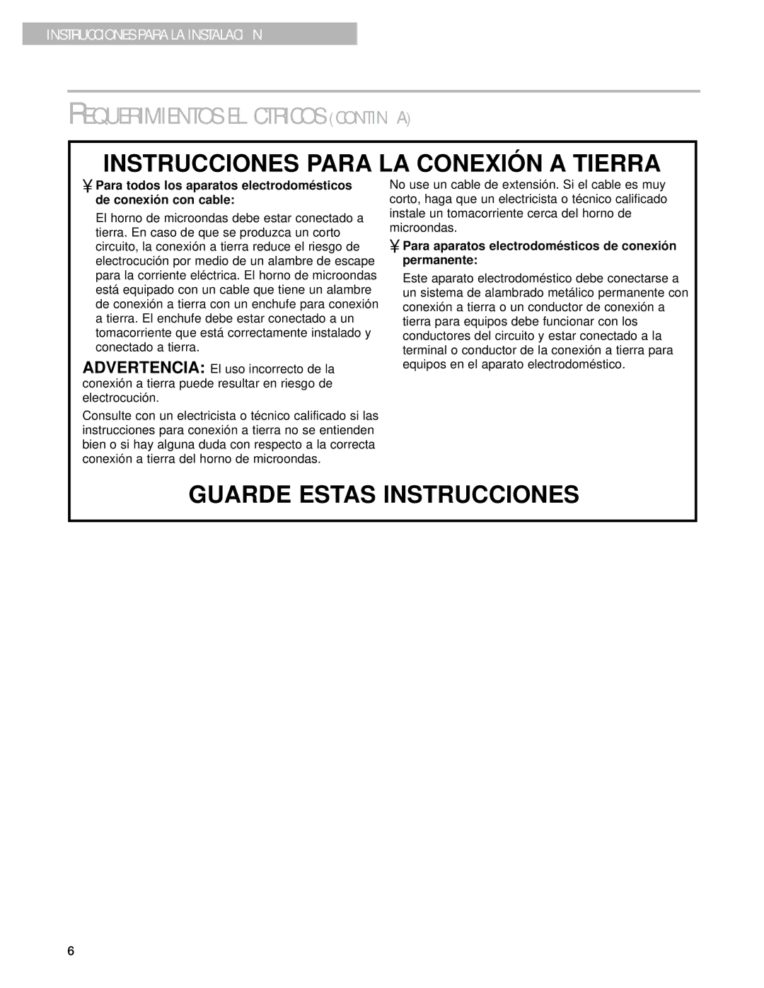 Whirlpool MT3105SH, MT3135SH installation instructions Requerimientos ELƒCTRICOS CONTINòA 