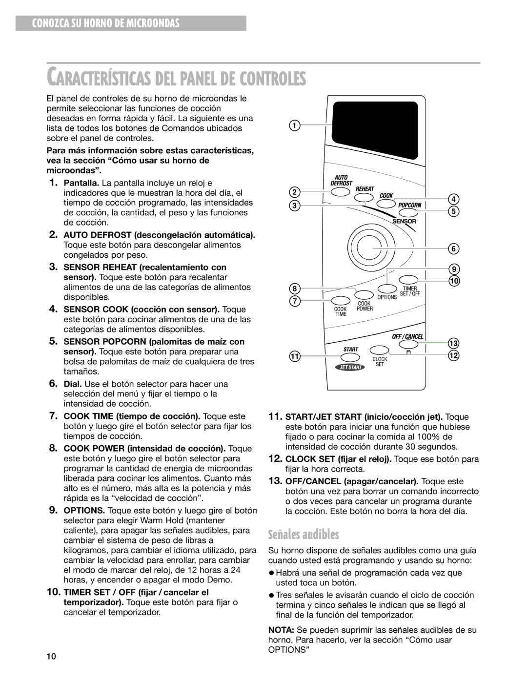 Whirlpool MT3105SH, MT3135SH installation instructions CARACTERêSTICAS DEL Panel DE Controles, Se-ales audibles 