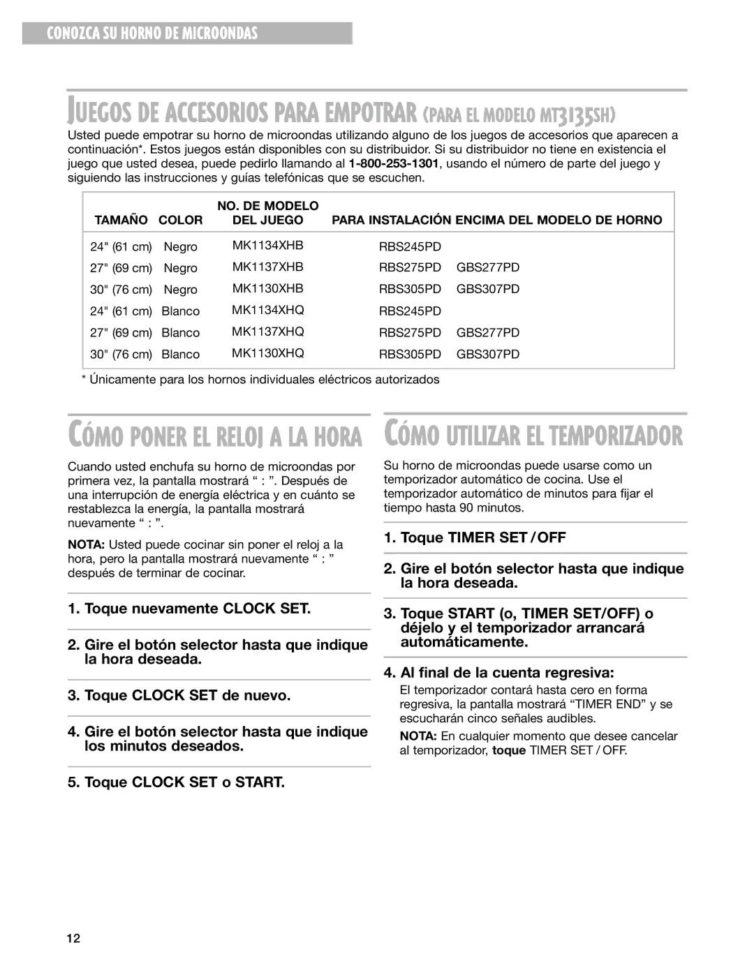 Whirlpool MT3105SH installation instructions Juegos DE Accesorios Para Empotrar Para EL Modelo MT3135SH 