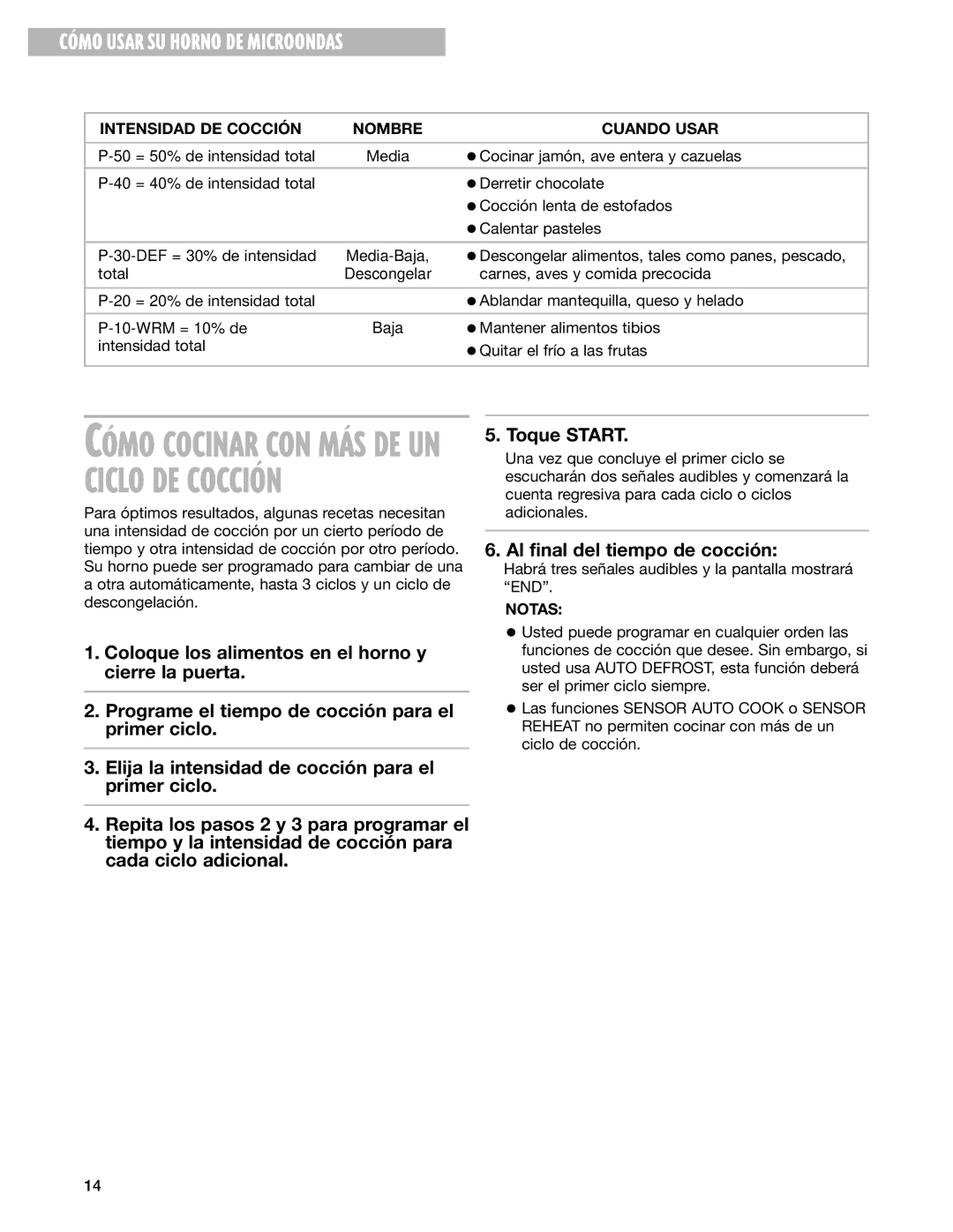 Whirlpool MT3105SH, MT3135SH installation instructions CîMO Cocinar CON MçS DE UN Ciclo DE COCCIîN, Notas 