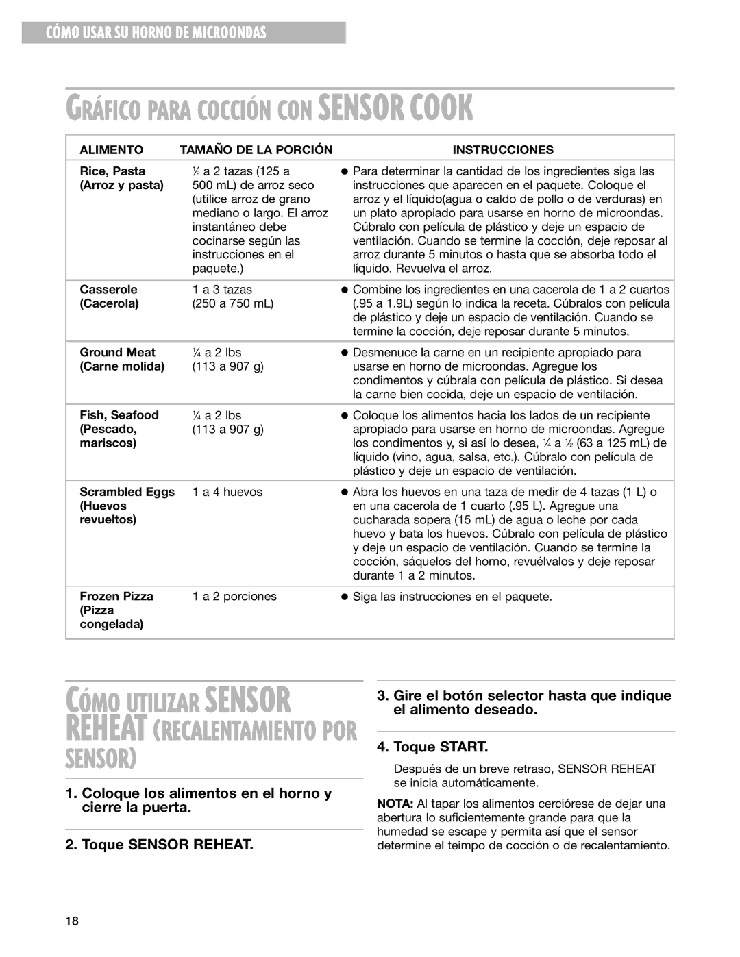 Whirlpool MT3105SH, MT3135SH installation instructions Alimento Tamaño DE LA Porción Instrucciones 