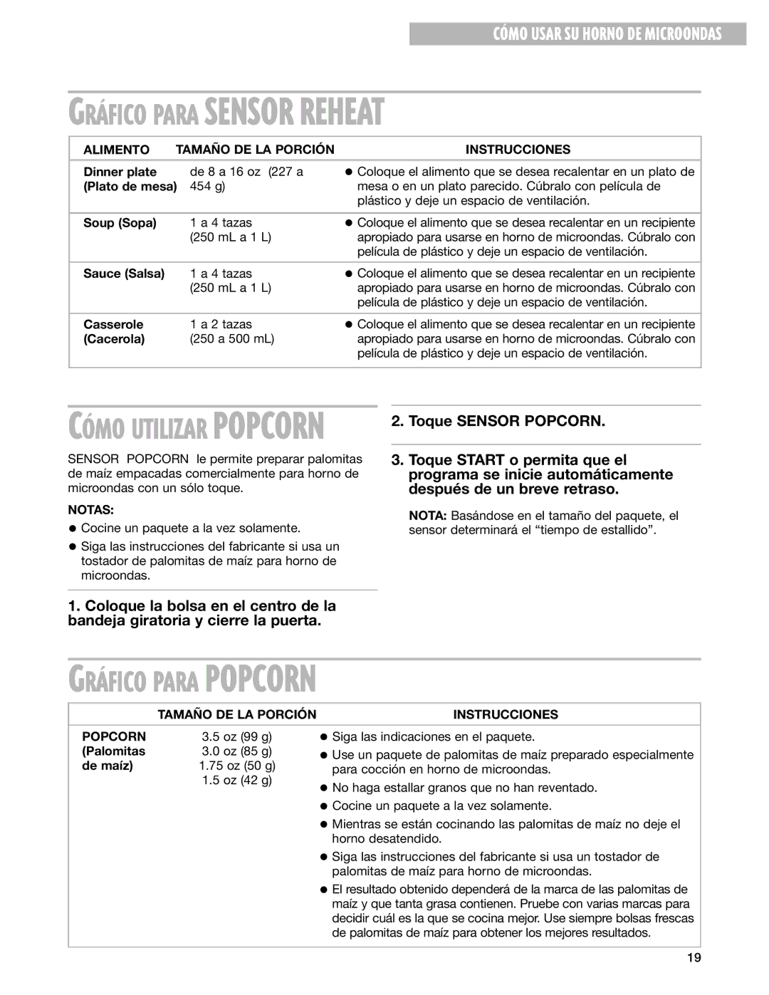 Whirlpool MT3135SH, MT3105SH installation instructions Tamaño DE LA Porción Instrucciones Popcorn 