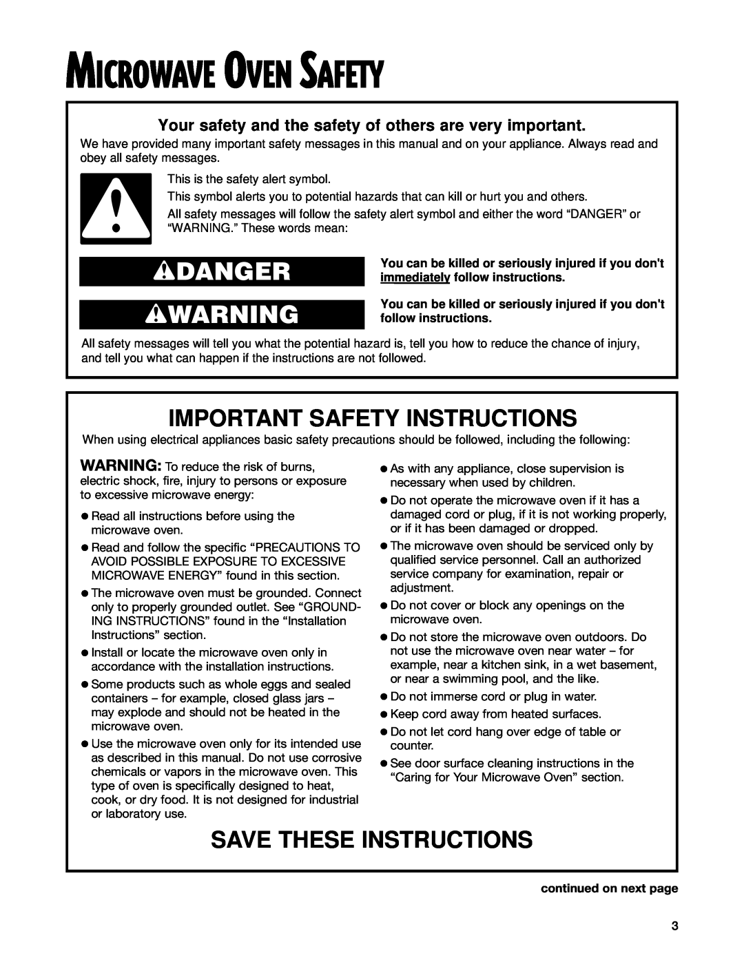 Whirlpool MT3105SH Microwave Oven Safety, wDANGER wWARNING, Important Safety Instructions, Save These Instructions 
