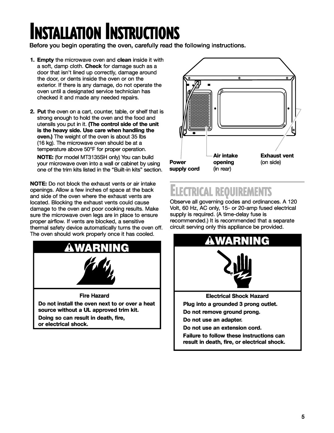 Whirlpool MT3105SH, MT3135SH wWARNING, Electrical Requirements, Fire Hazard, Installation Instructions 