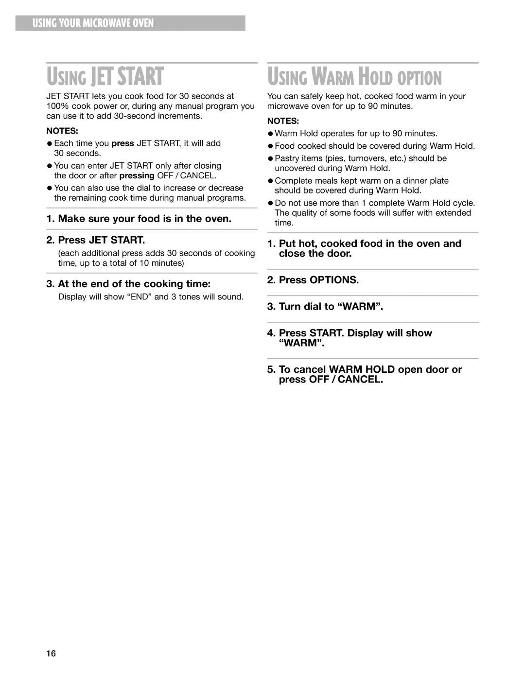 Whirlpool MT3185SH installation instructions Using JET Start 