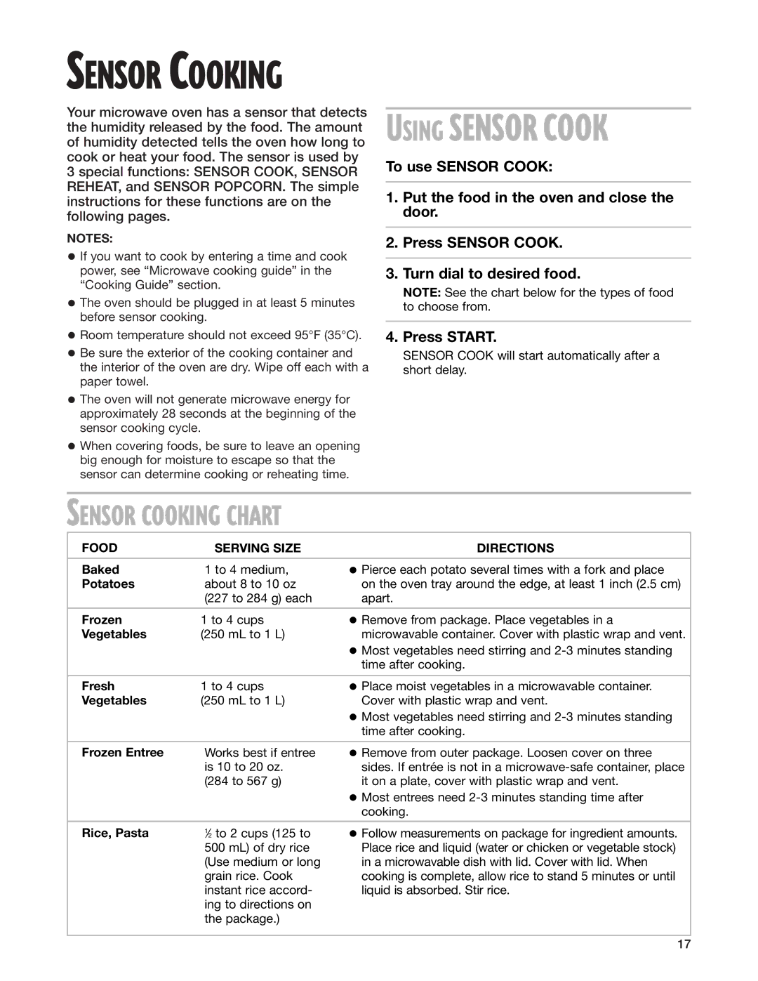 Whirlpool MT3185SH installation instructions Sensor Cooking Chart, Food Serving Size Directions 