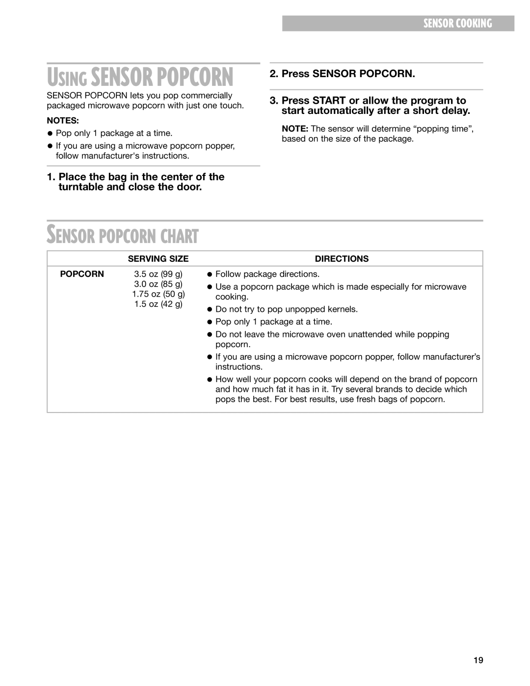 Whirlpool MT3185SH installation instructions Sensor Popcorn Chart, Serving Size Directions Popcorn 