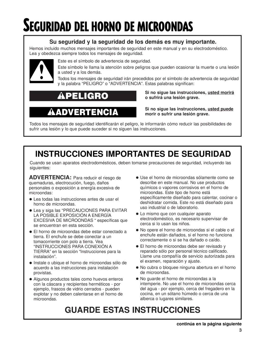 Whirlpool MT3185SH installation instructions Seguridad DEL Horno DE Microondas, Continúa en la página siguiente 