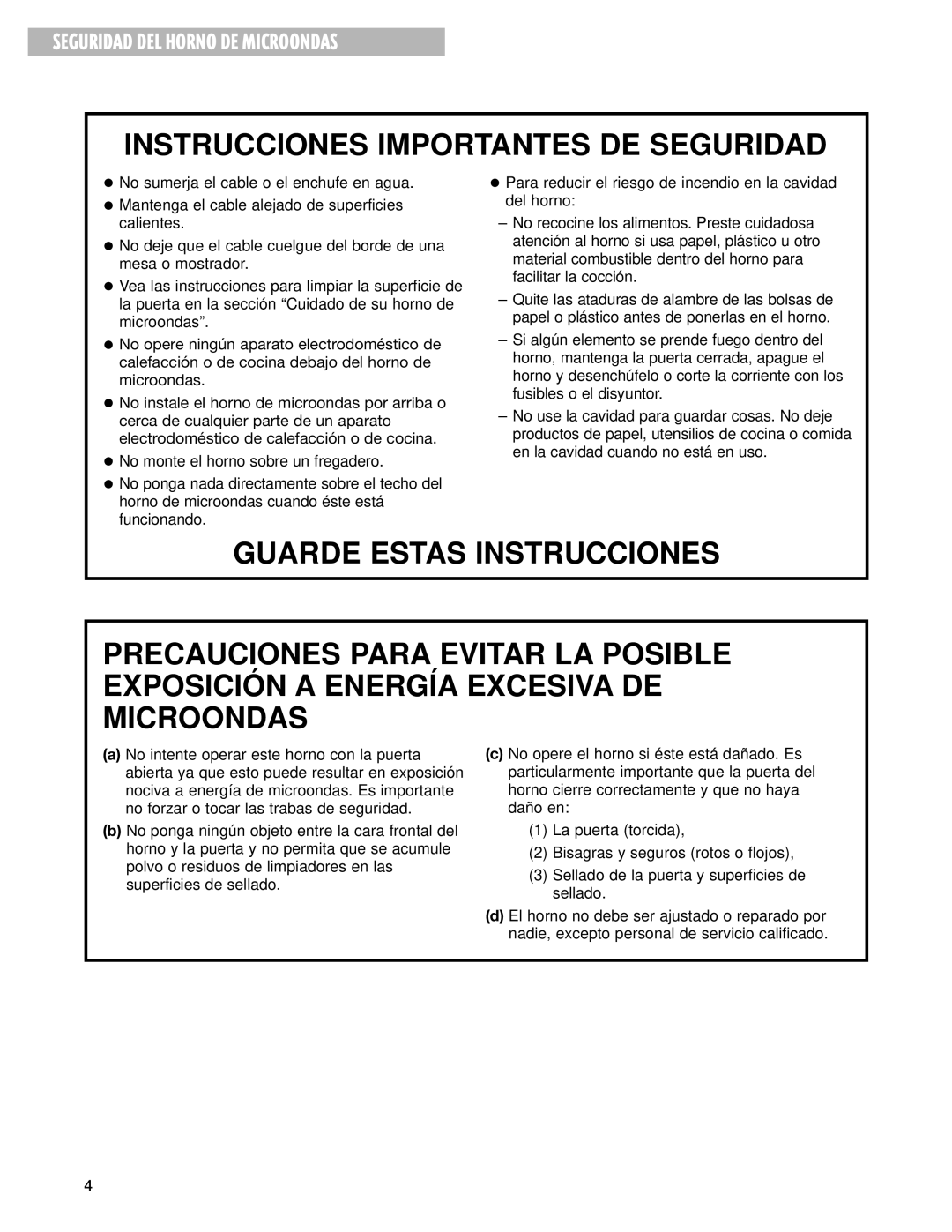 Whirlpool MT3185SH installation instructions Seguridad DEL Horno DE Microondas 