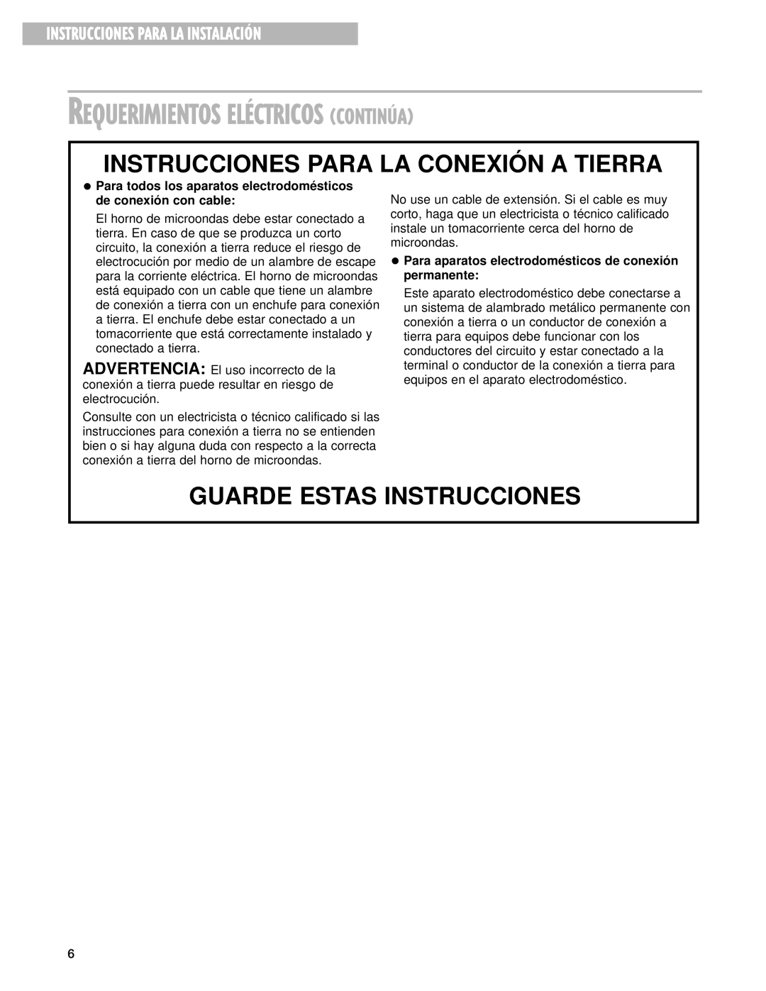 Whirlpool MT3185SH Requerimientos ELƒCTRICOS CONTINòA, Para aparatos electrodomésticos de conexión permanente 