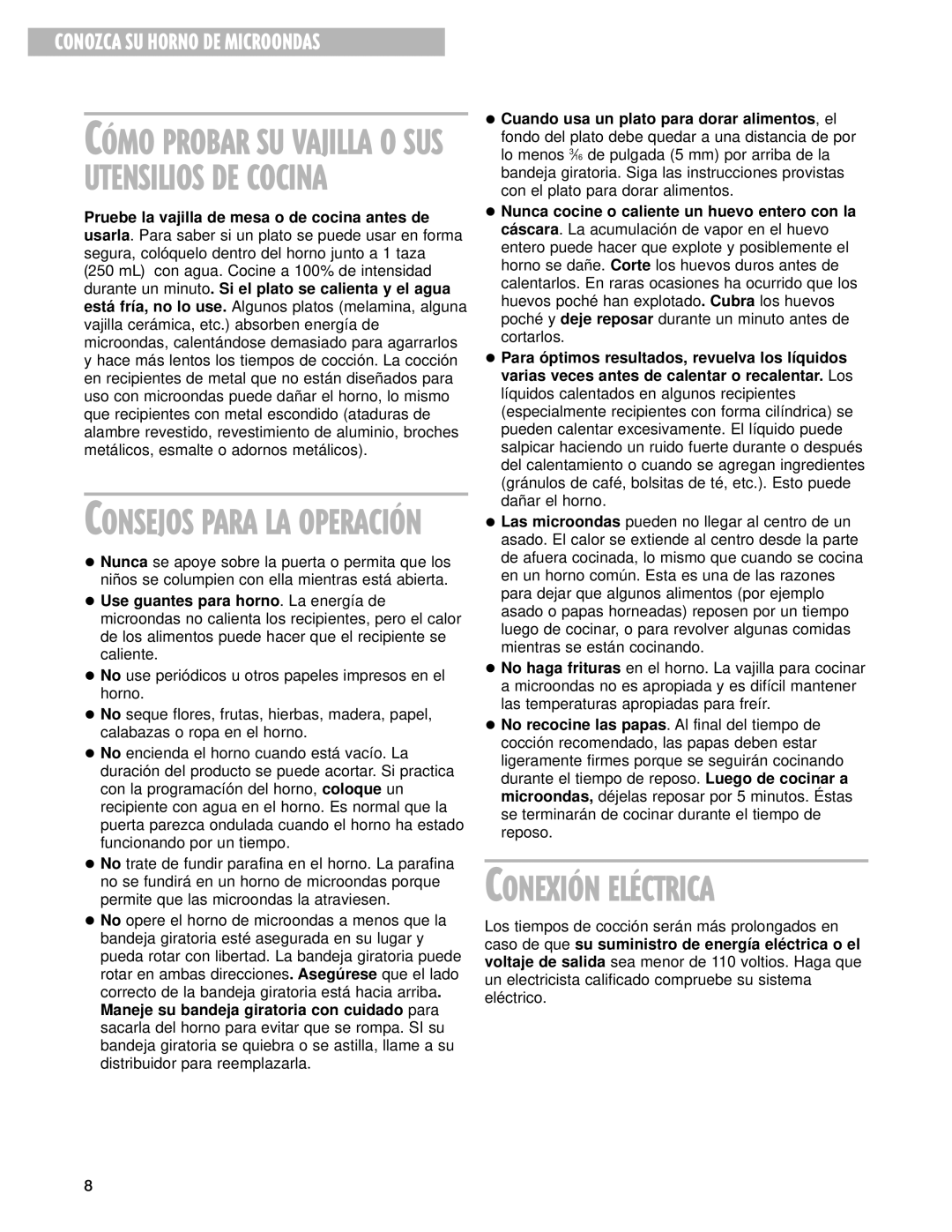 Whirlpool MT3185SH installation instructions CONEXIîN ELƒCTRICA 