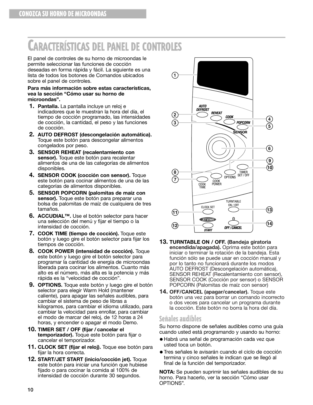 Whirlpool MT3185SH installation instructions CARACTERêSTICAS DEL Panel DE Controles, Se-ales audibles 