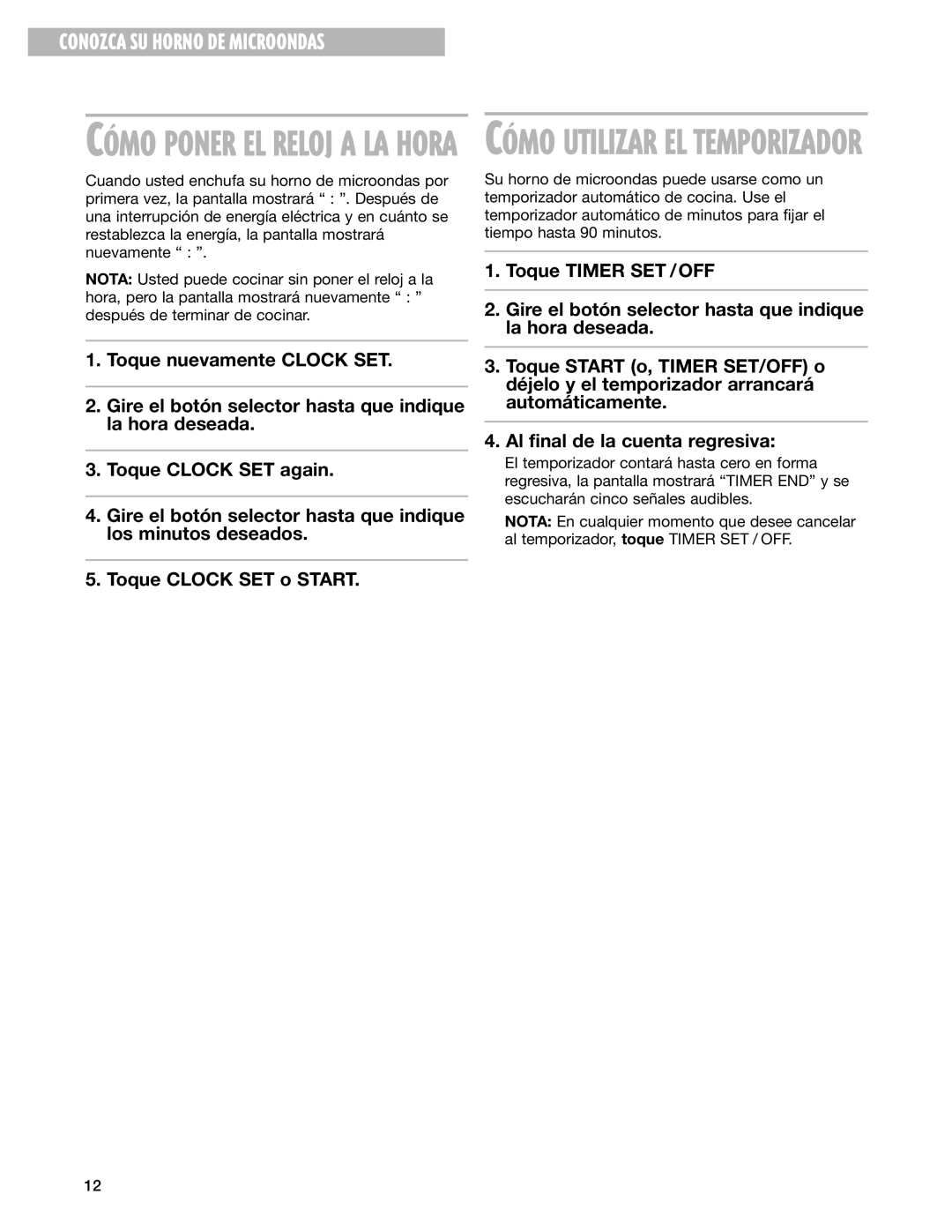 Whirlpool MT3185SH installation instructions CîMO Utilizar EL Temporizador 