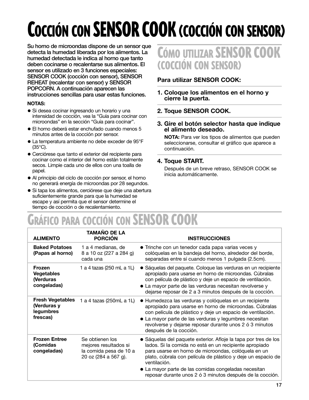 Whirlpool MT3185SH installation instructions Alimento Tamaño DE LA Instrucciones Porción 