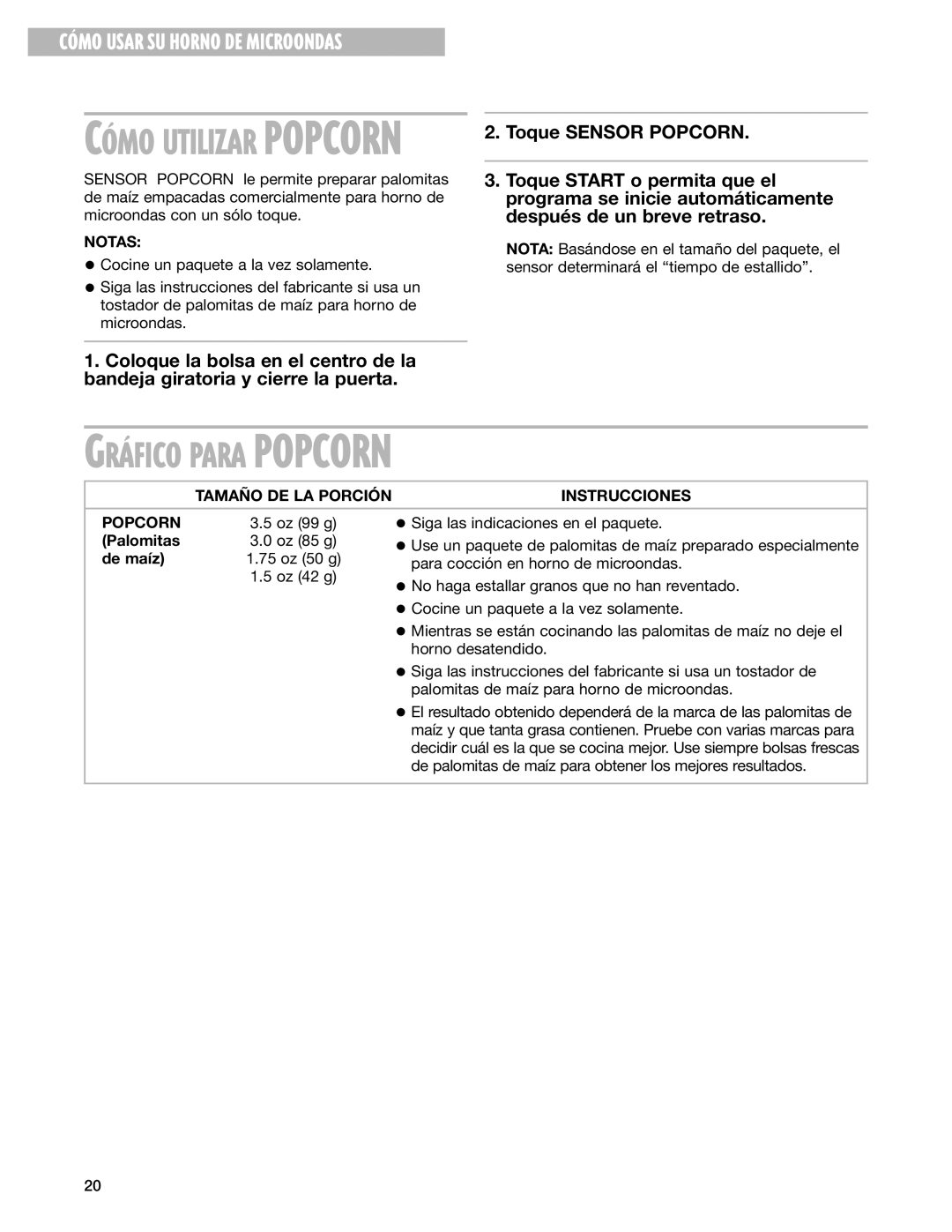 Whirlpool MT3185SH installation instructions Tamaño DE LA Porción Instrucciones Popcorn, Palomitas, De maíz 