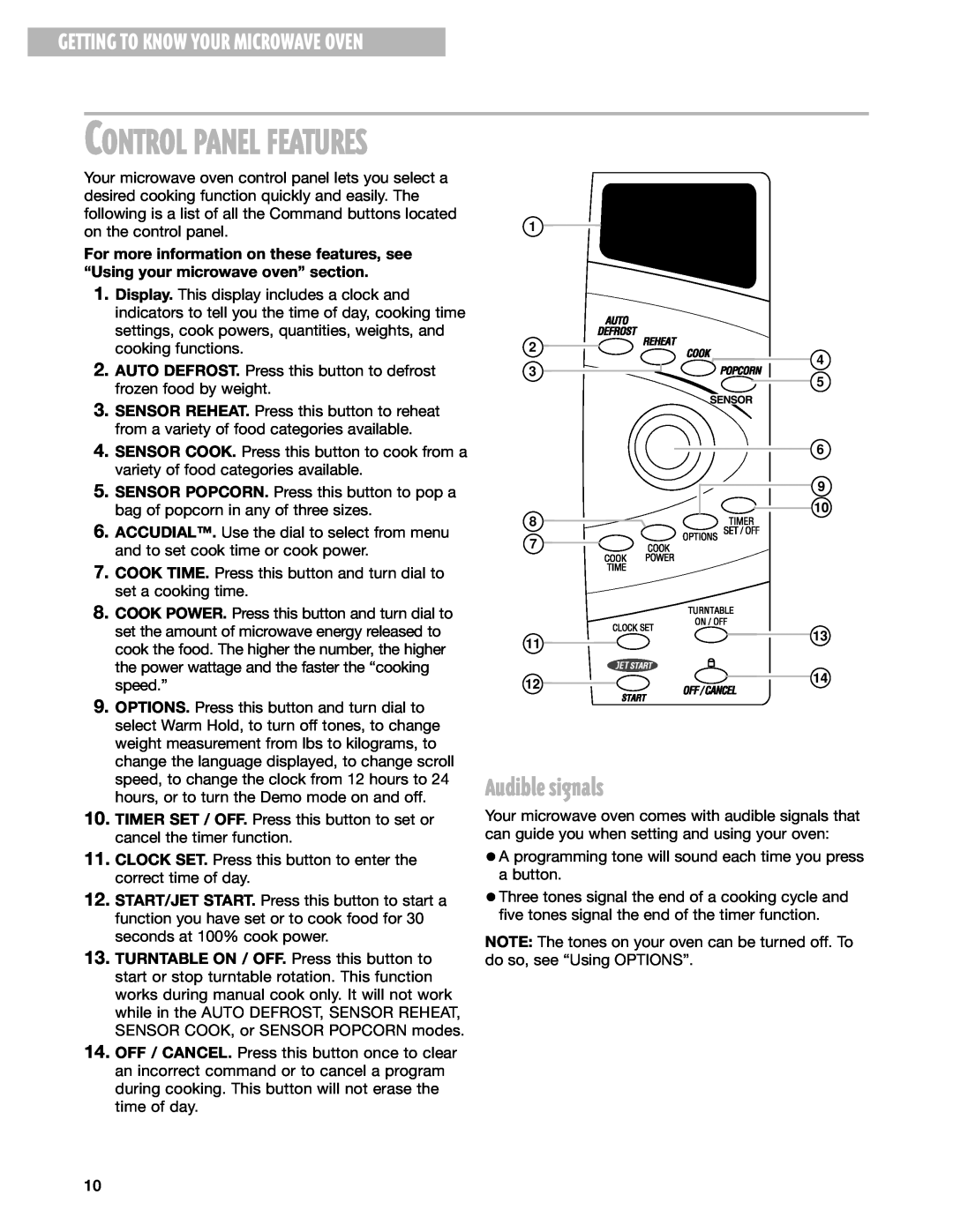 Whirlpool MT3185SH installation instructions Audible signals, Control Panel Features, Getting To Know Your Microwave Oven 