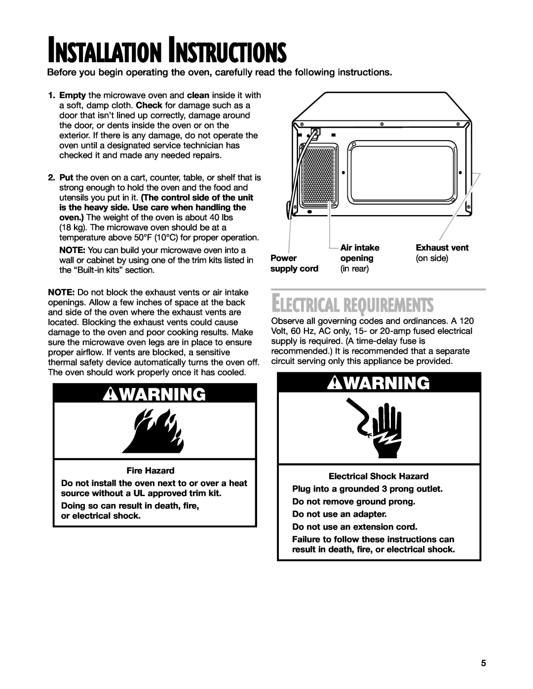 Whirlpool MT3185SH installation instructions wWARNING, Electrical Requirements, Installation Instructions 