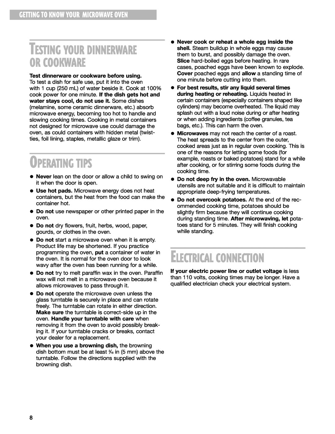 Whirlpool MT3185SH installation instructions Or Cookware, Operating Tips, Electrical Connection, Testing Your Dinnerware 
