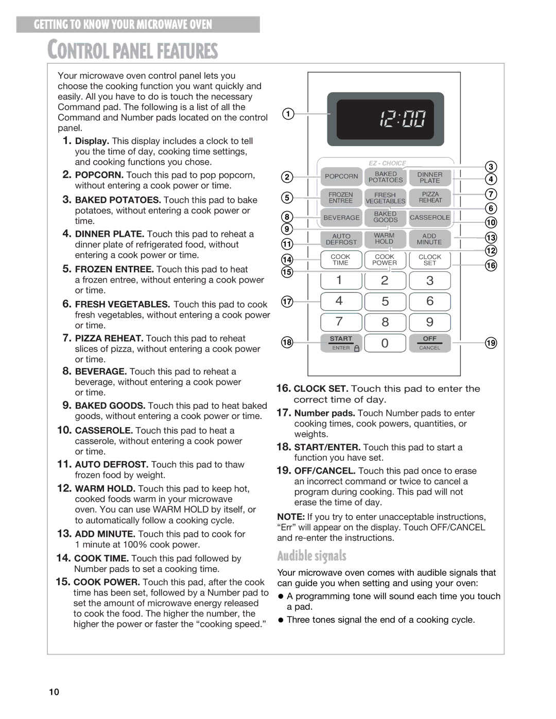 Whirlpool MT4070SK, MT4078SK installation instructions Control Panel Features, Audible signals 