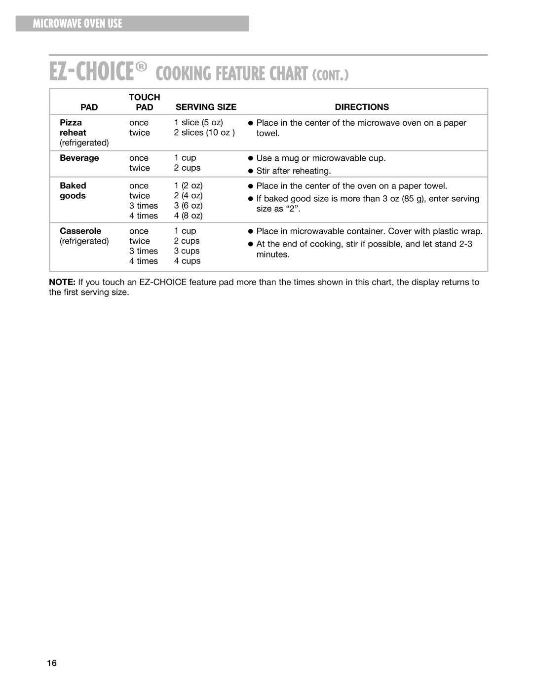 Whirlpool MT4070SK, MT4078SK installation instructions Touch Serving Size Directions PAD, Goods, Casserole 