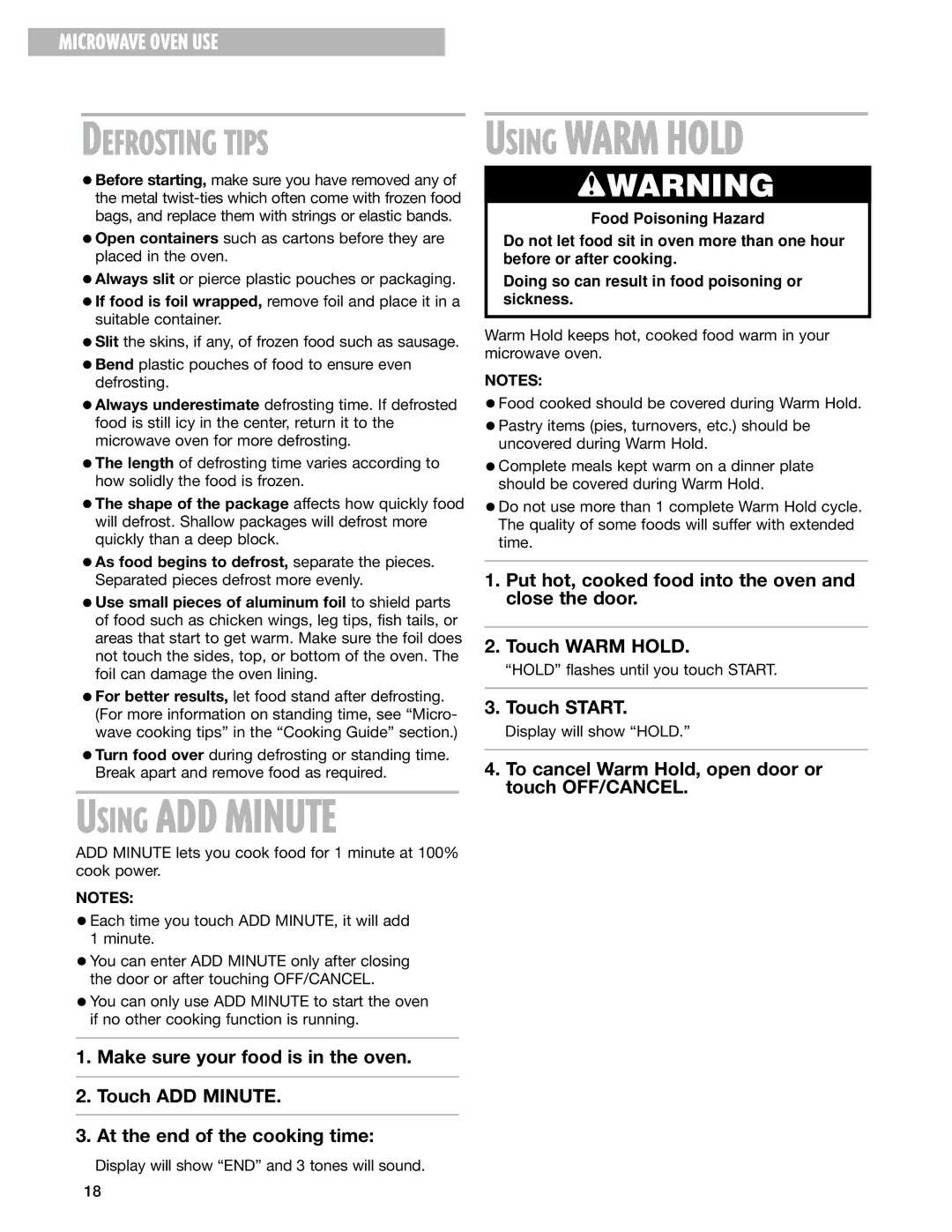 Whirlpool MT4070SK, MT4078SK installation instructions Using ADD Minute, Defrosting Tips 