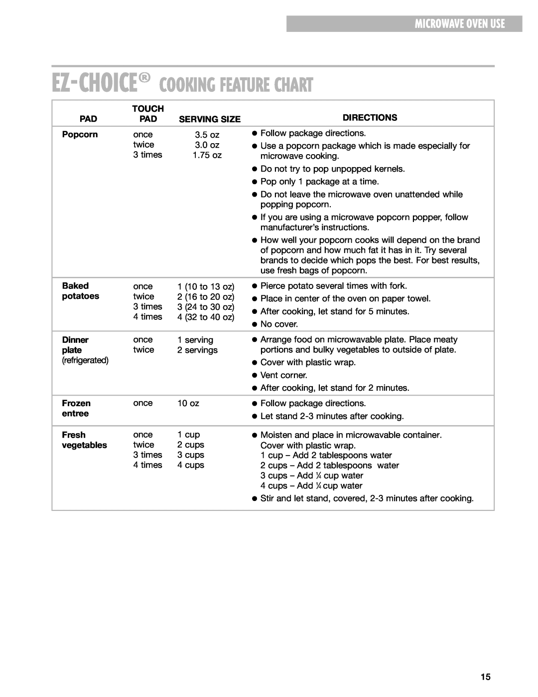 Whirlpool MT4078SK, MT4070SK installation instructions Ez-Choice¨Cookingfeature Chart, Microwave Oven Use 