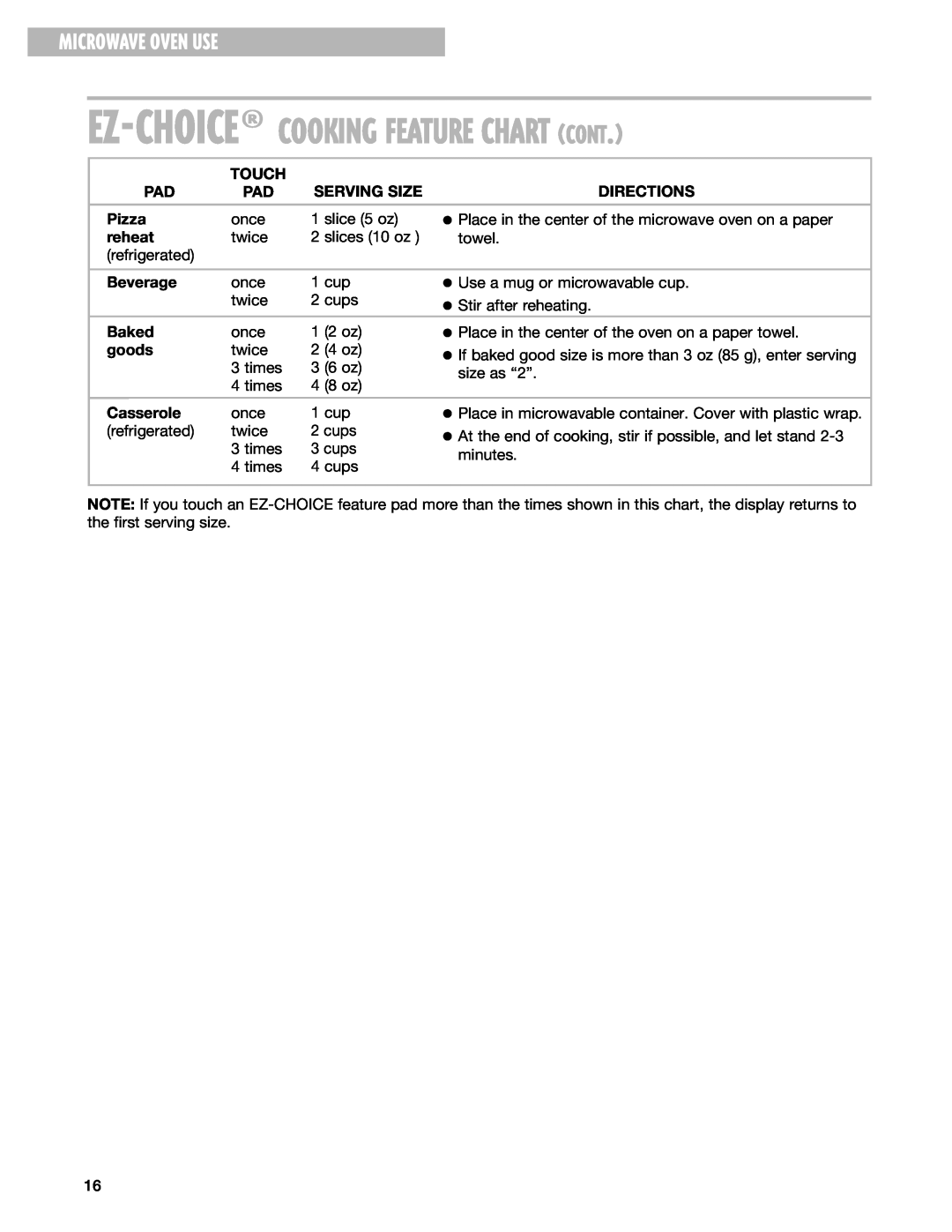 Whirlpool MT4070SK, MT4078SK installation instructions Ez-Choice¨Cookingfeature Chart Cont, Microwave Oven Use 