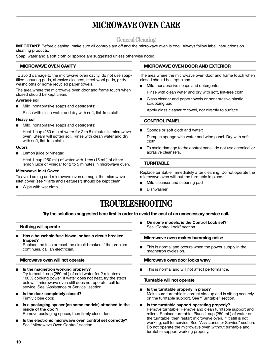 Whirlpool MT4078 manual Microwave Oven Care, Troubleshooting, GeneralCleaning 