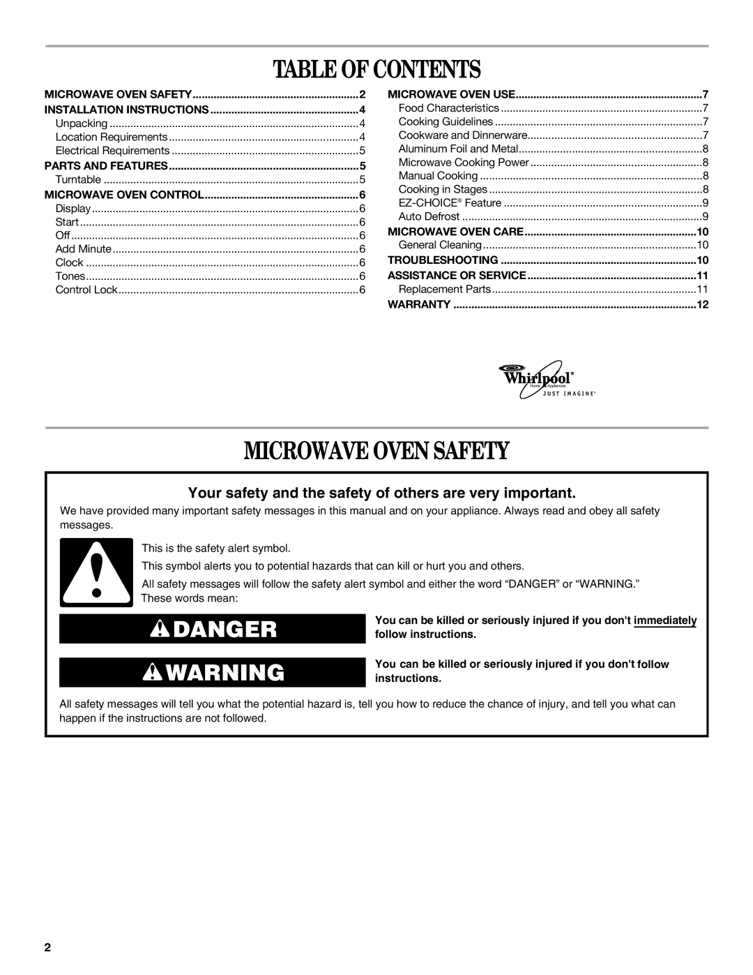 Whirlpool MT4078 manual Table of Contents, Microwave Oven Safety 