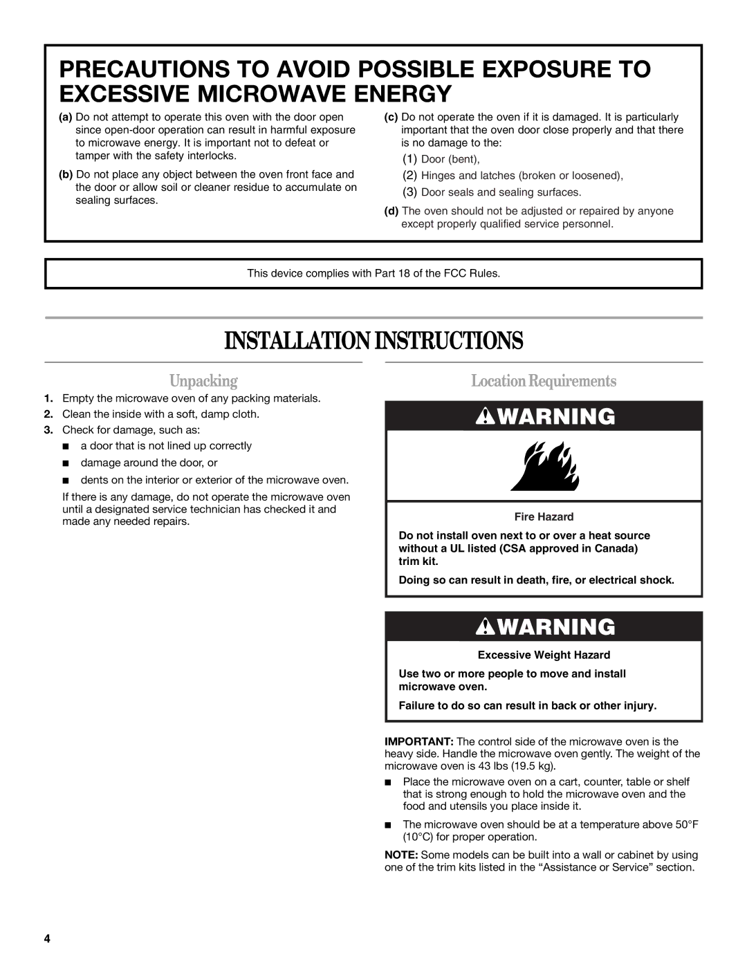 Whirlpool MT4078 manual Installation Instructions, Unpacking, LocationRequirements 