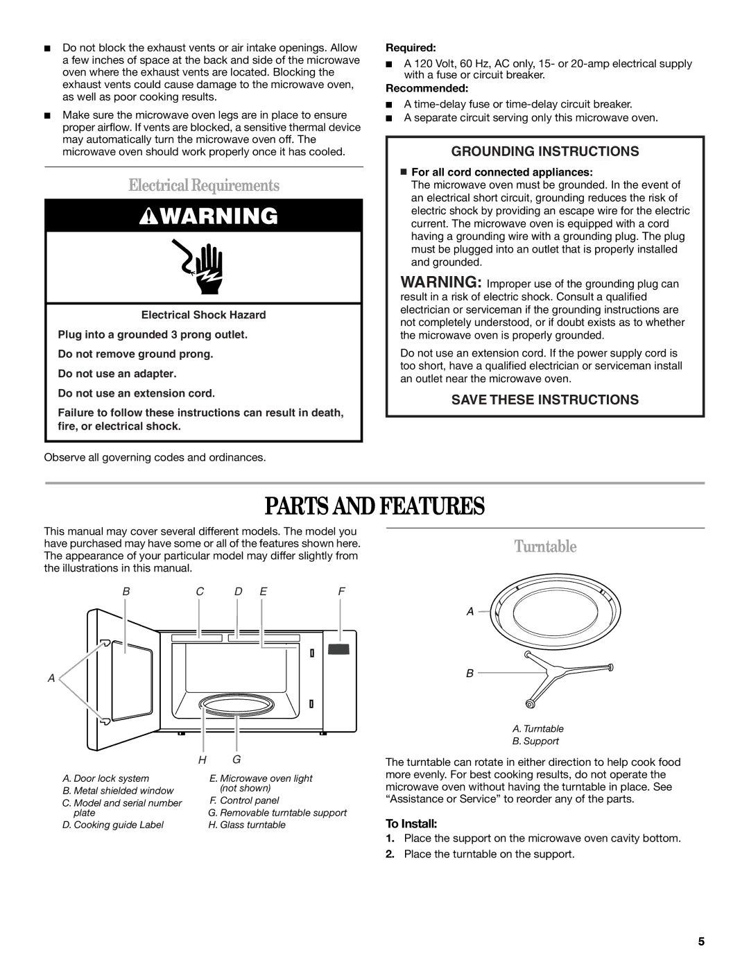 Whirlpool MT4078 manual Parts and Features, ElectricalRequirements, Turntable, To Install 