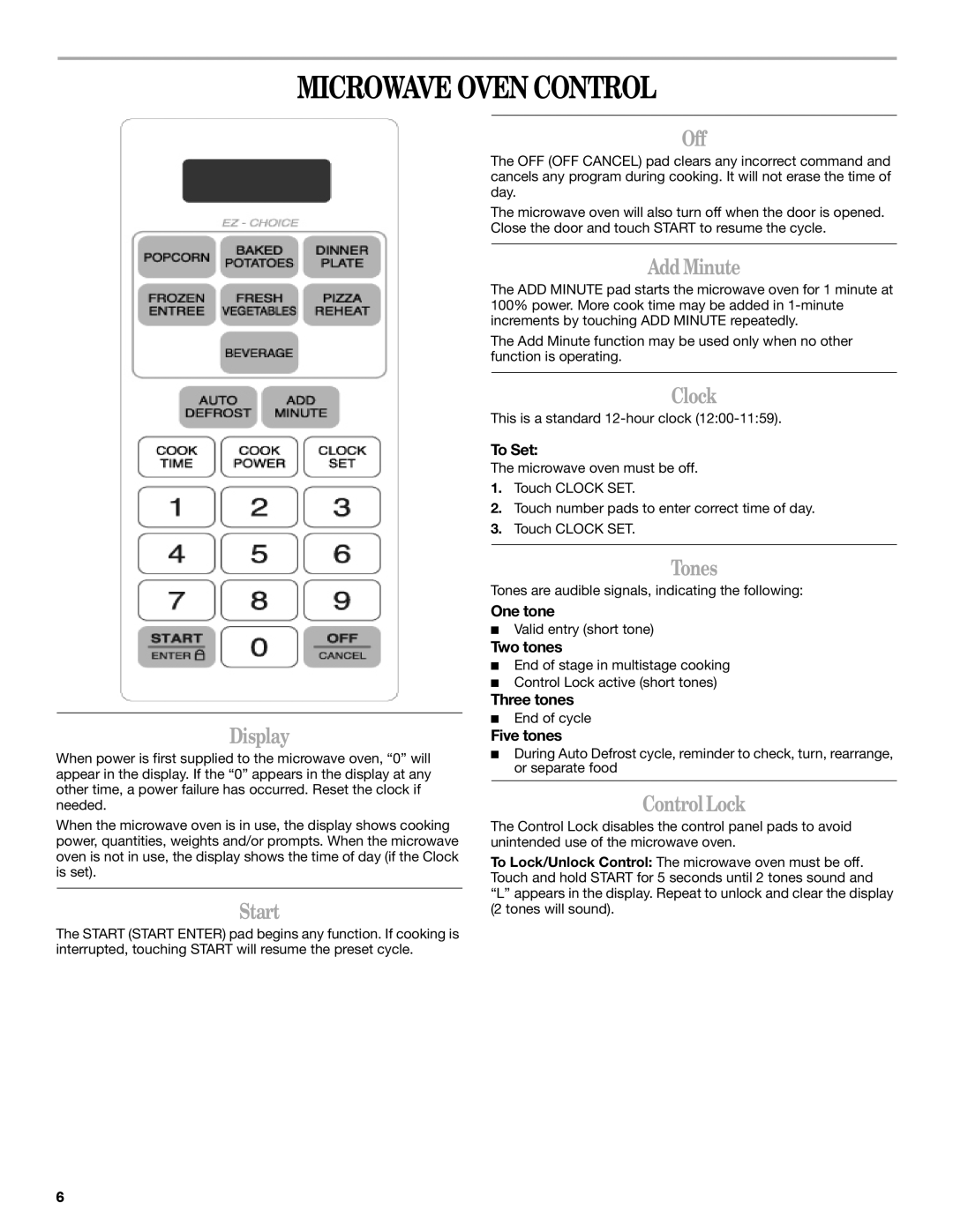 Whirlpool MT4078 manual Microwave Oven Control 