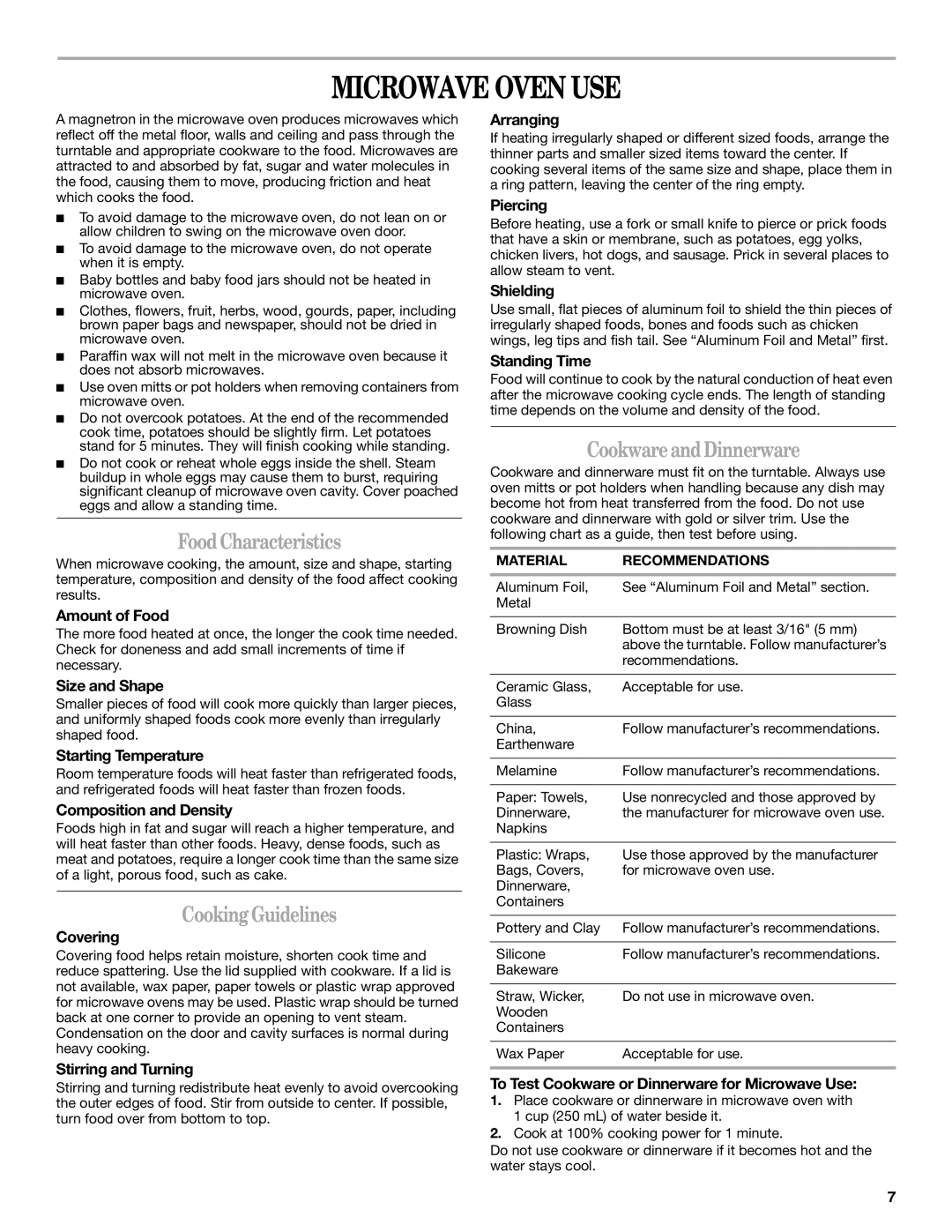 Whirlpool MT4078 manual Microwave Oven USE, FoodCharacteristics, CookingGuidelines, CookwareandDinnerware 