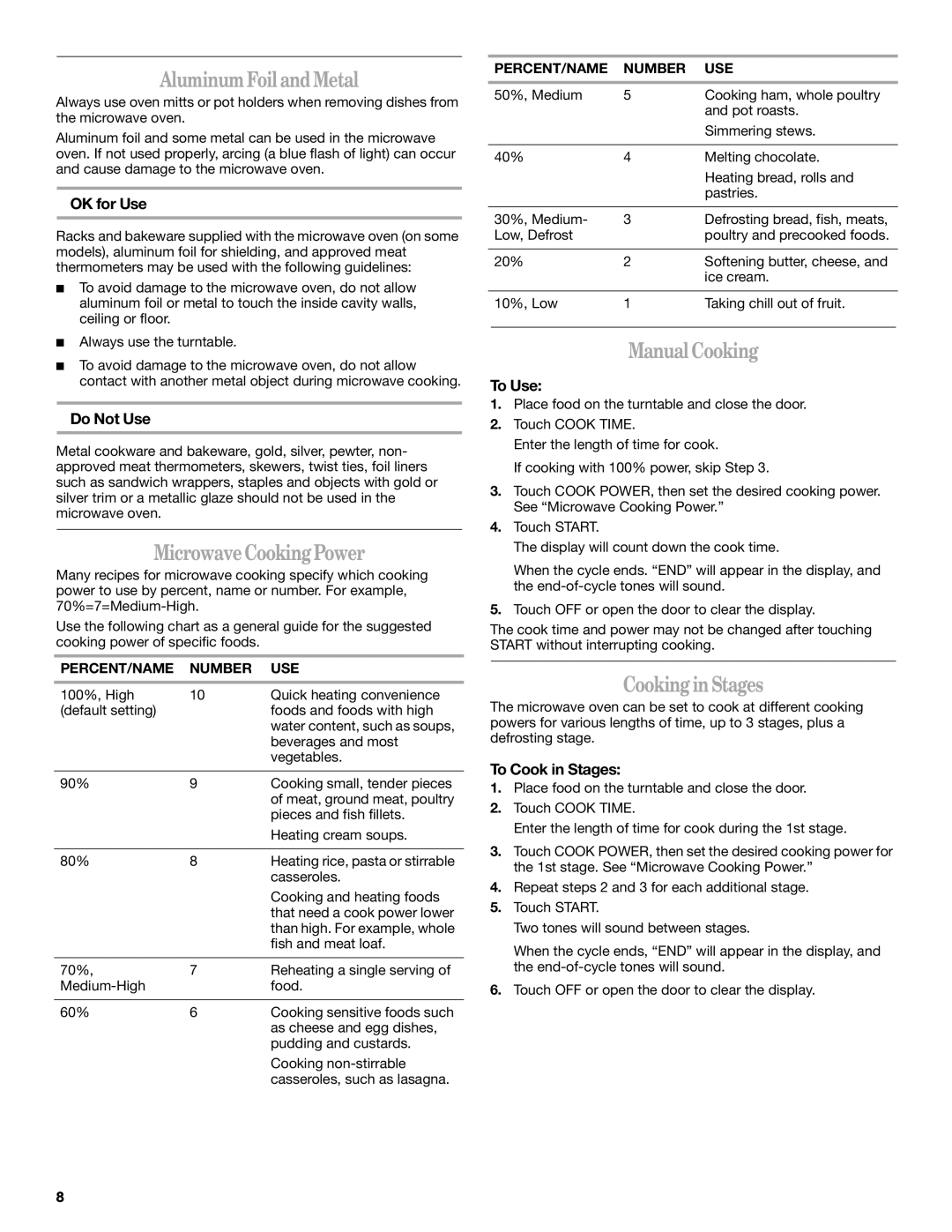 Whirlpool MT4078 manual AluminumFoilandMetal, MicrowaveCookingPower, ManualCooking, CookinginStages 