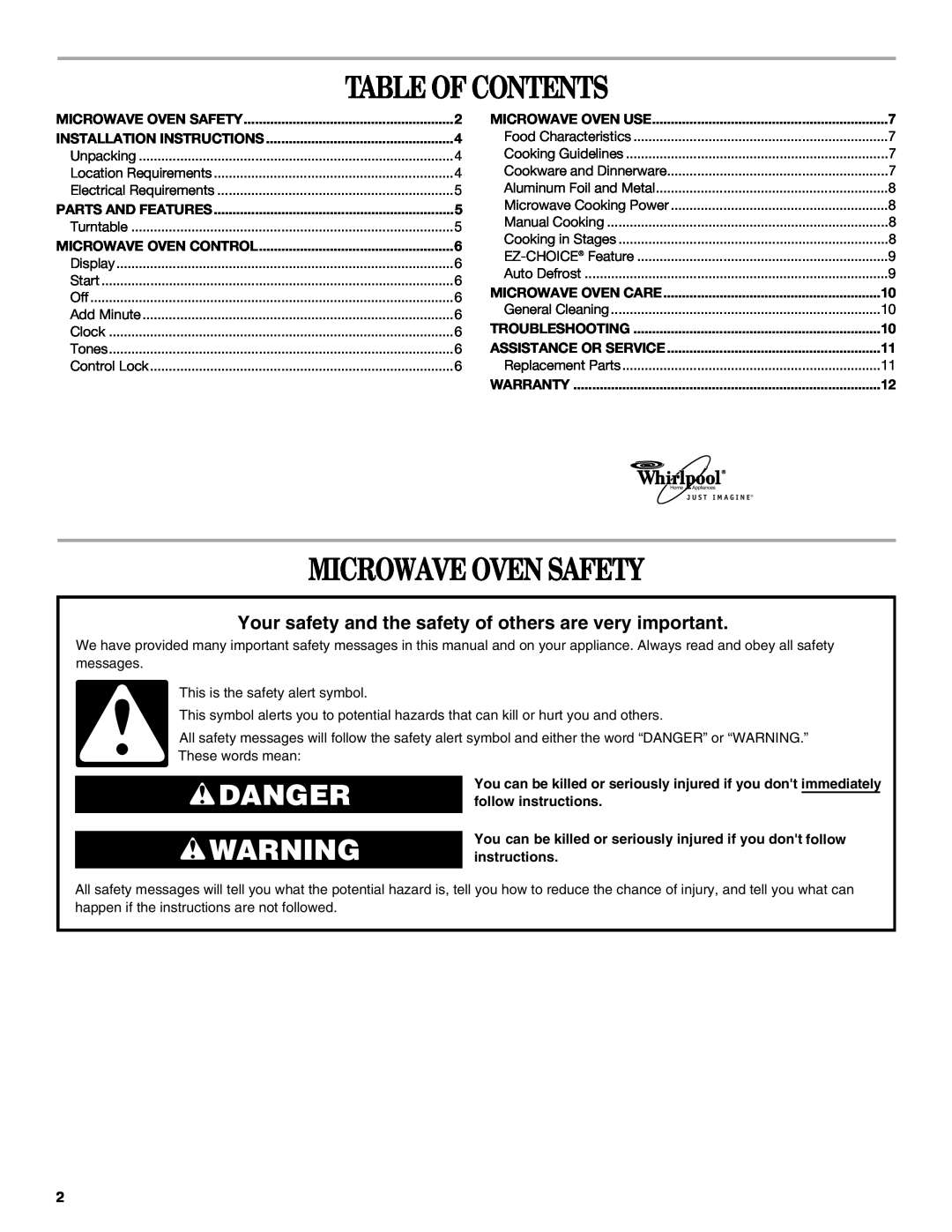Whirlpool MT4078 Table Of Contents, Microwave Oven Safety, Danger, Your safety and the safety of others are very important 