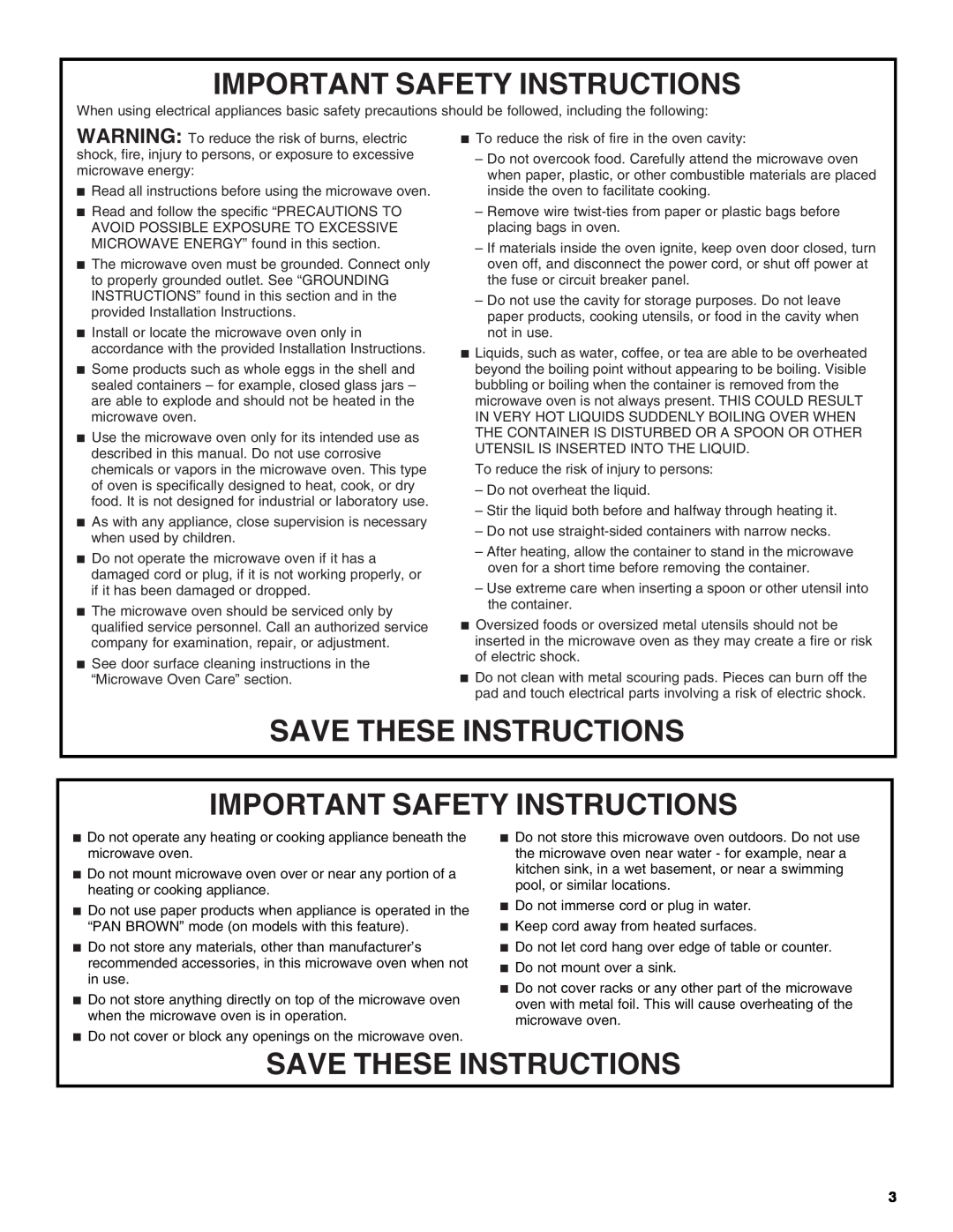 Whirlpool MT4078 manual Save These Instructions Important Safety Instructions 