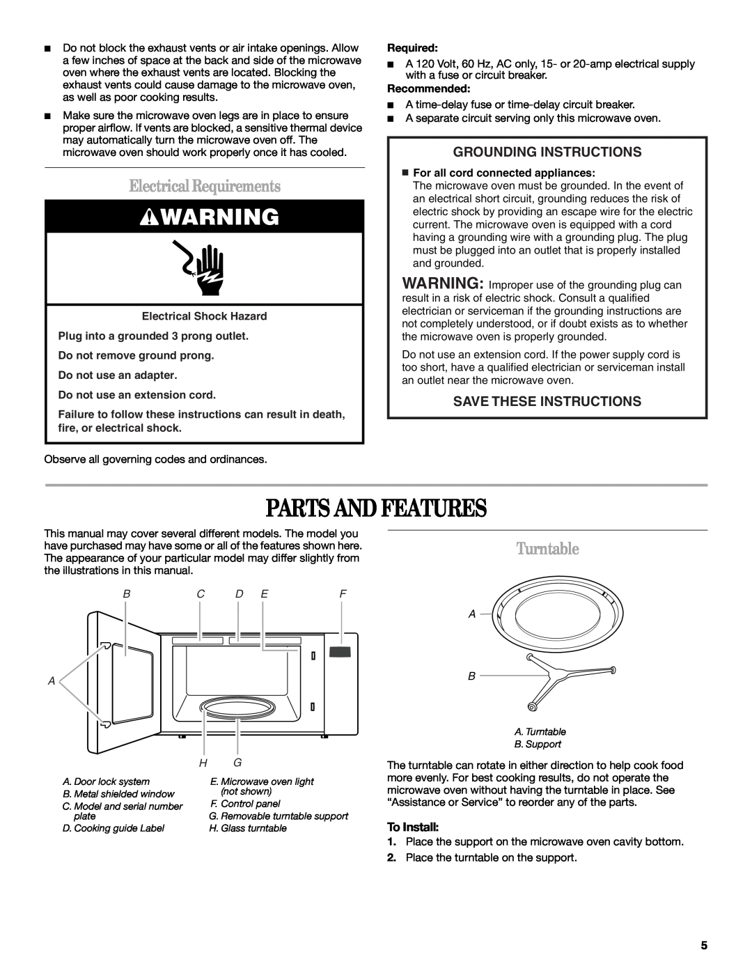 Whirlpool MT4078 Parts And Features, ElectricalRequirements, Turntable, Grounding Instructions, Save These Instructions 