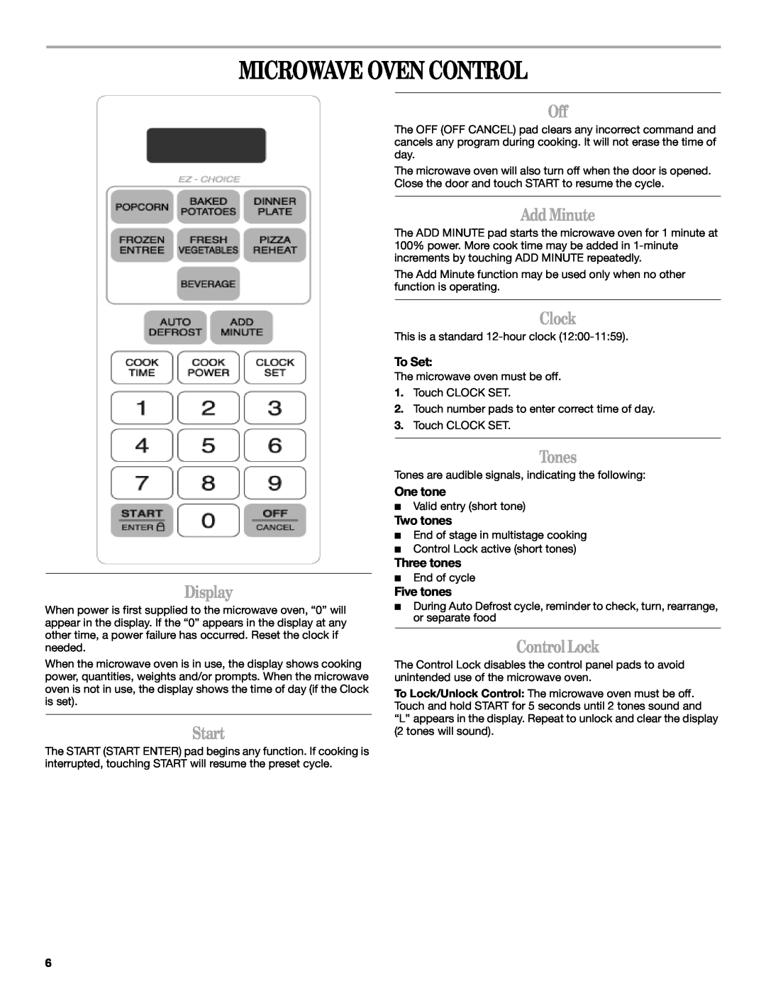Whirlpool MT4078 manual Microwave Oven Control, Display, Start, AddMinute, Clock, Tones, ControlLock 