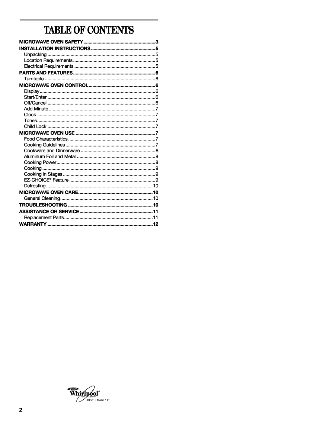Whirlpool MT4078SP manual Table Of Contents 